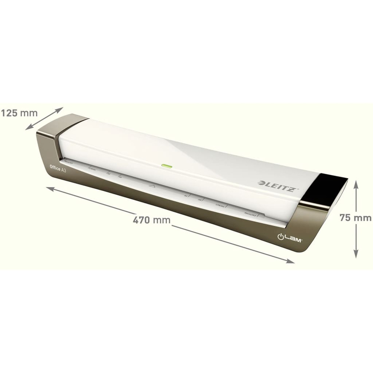 Ein weißer Leitz Aktenvernichter mit Metallakzenten, 470mm lang, 125mm breit, 75mm hoch.