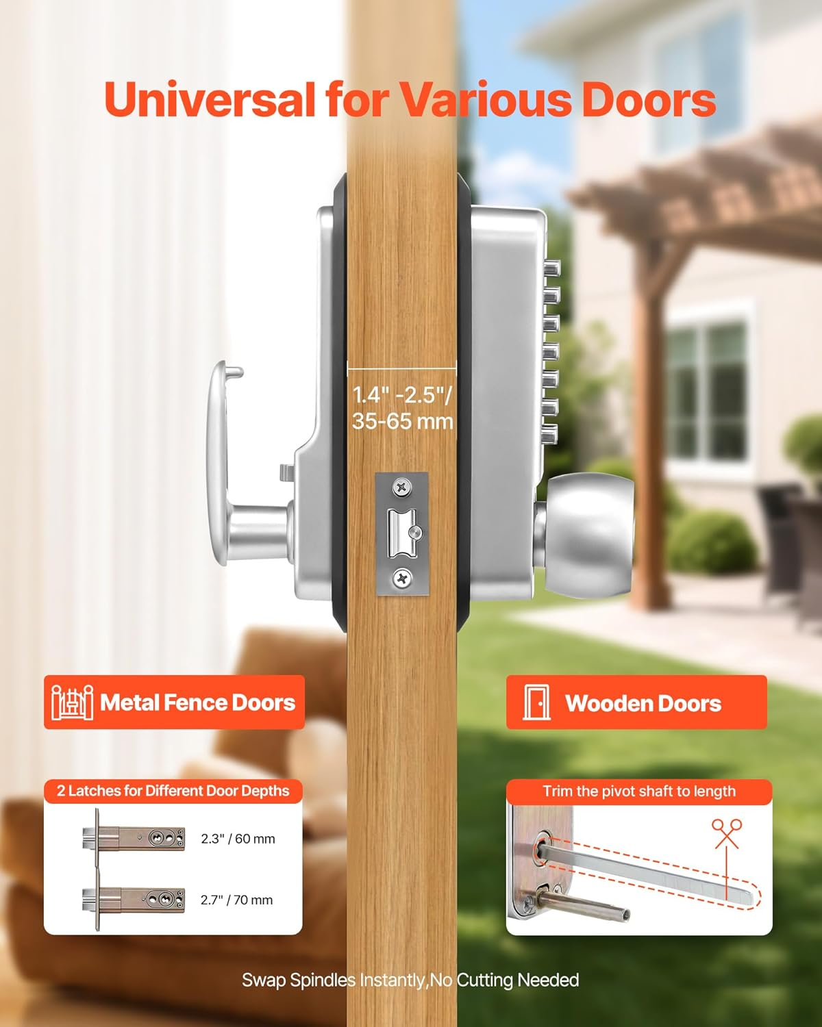 Smart-Schloss an Holztür, zeigt universelle Passform für Türen 1,4-2,5 Zoll.