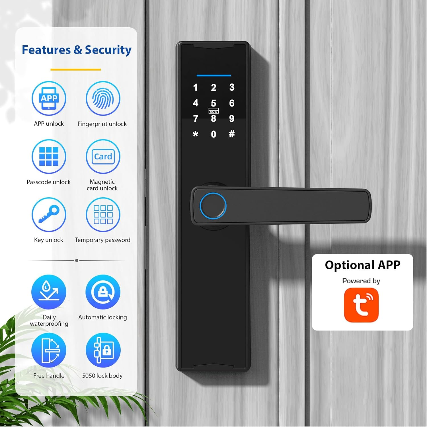 Smart-Schloss mit Tastatur, Fingerabdruck, Karte, App, Schlüsseloptionen. Zeigt Sicherheitssymbole.
