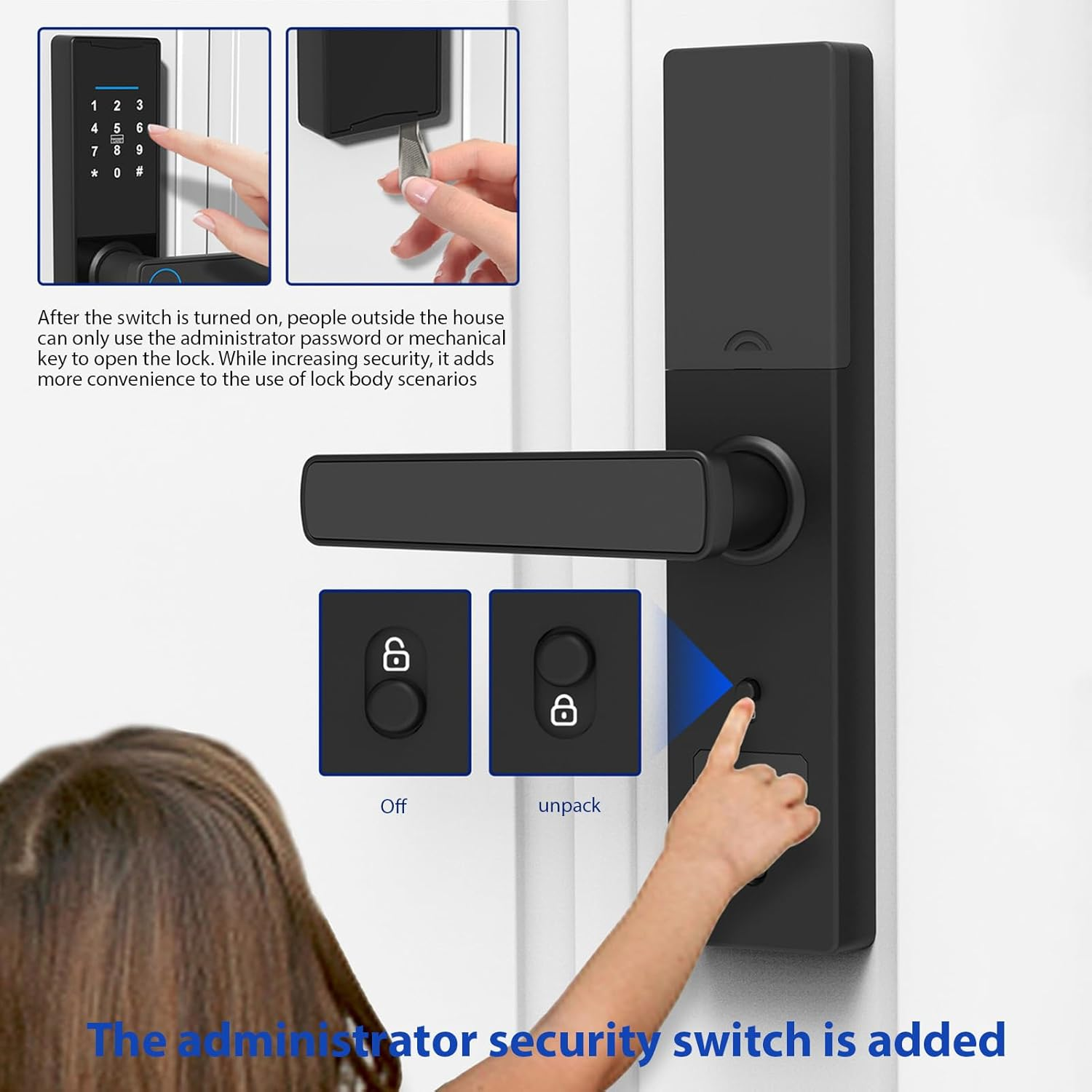 Schwarzes Smart Lock mit Tastatur und Griff. Finger drückt Knopf.