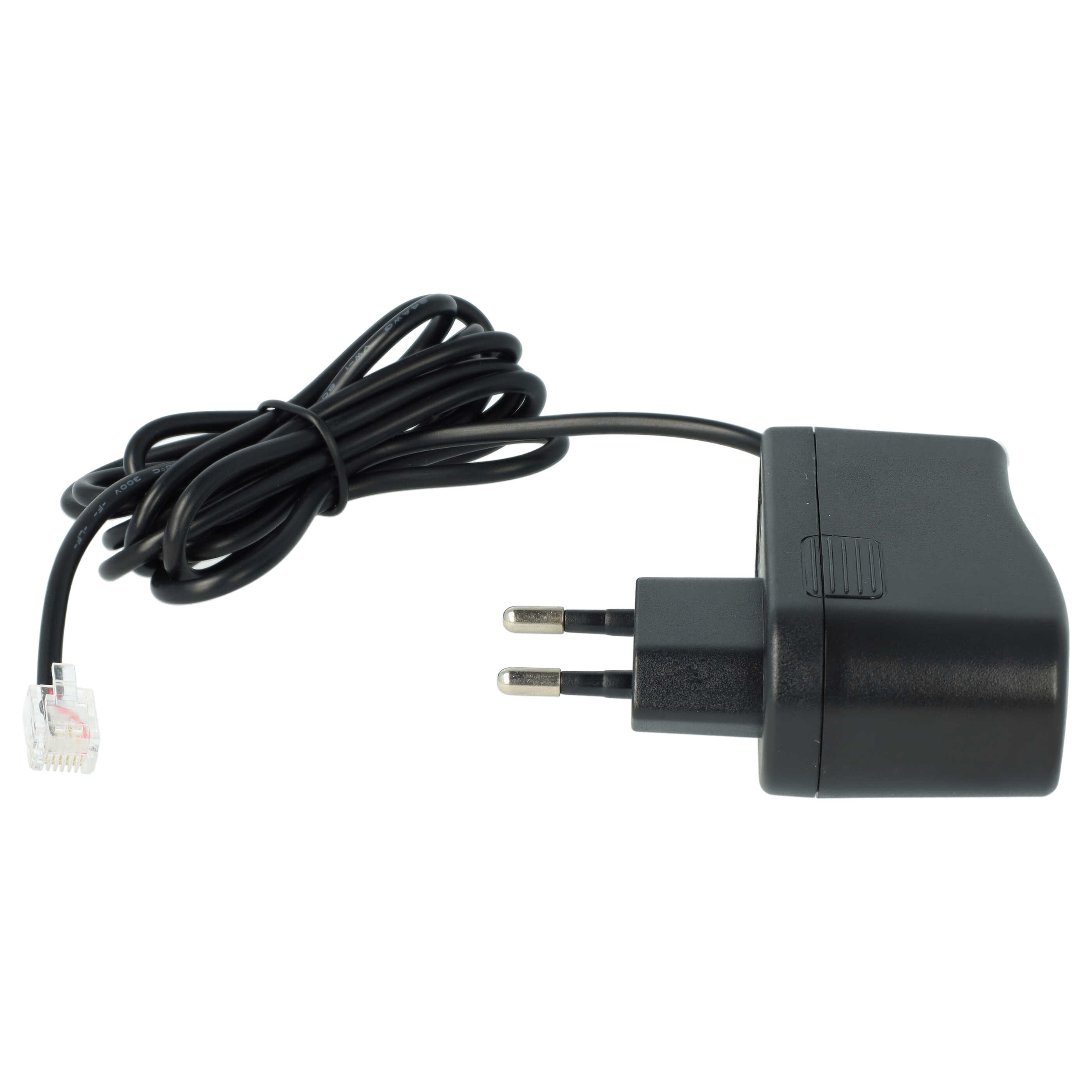 Schwarzes Netzteil mit Kabel und RJ11-Stecker.