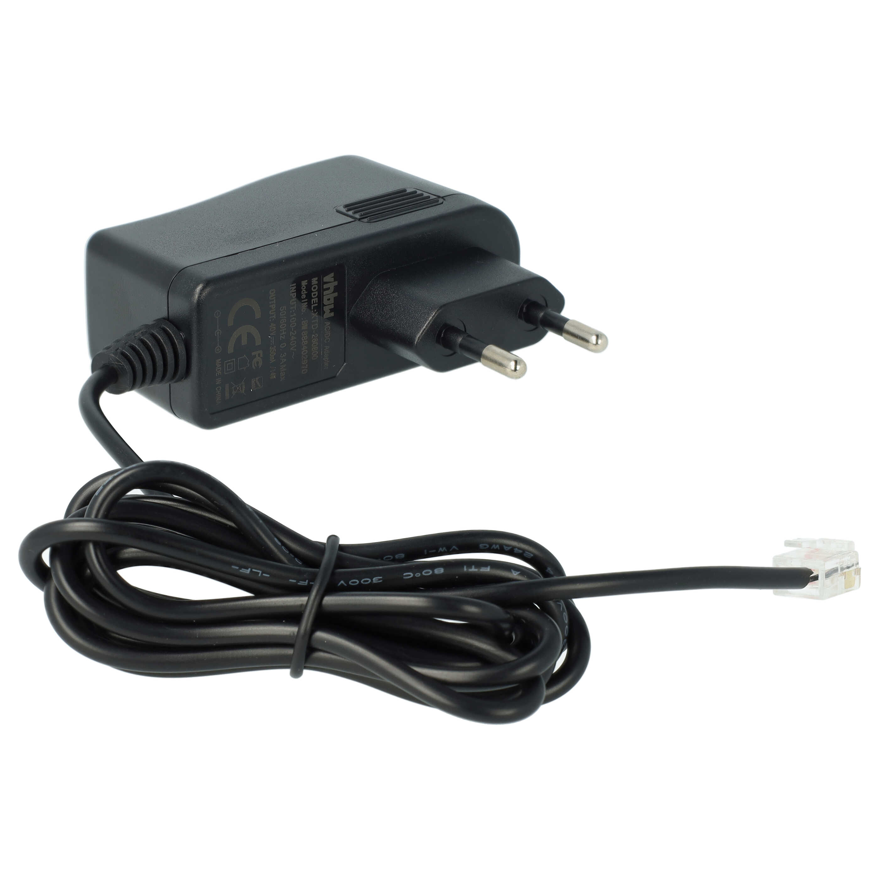 Schwarzes Netzteil mit Kabel und RJ11-Stecker, weißer Hintergrund.