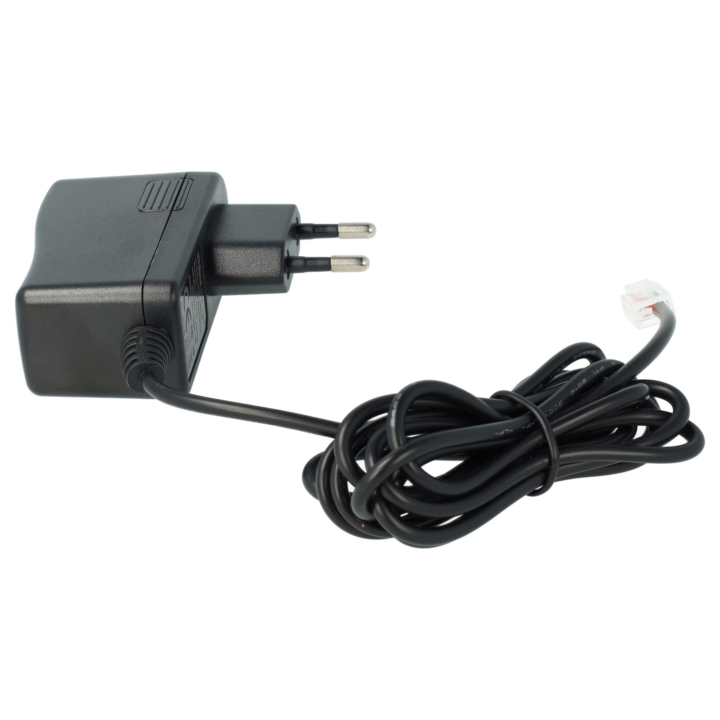 Schwarzes Netzteil mit Eurostecker und einem verdrahteten RJ11-Stecker.