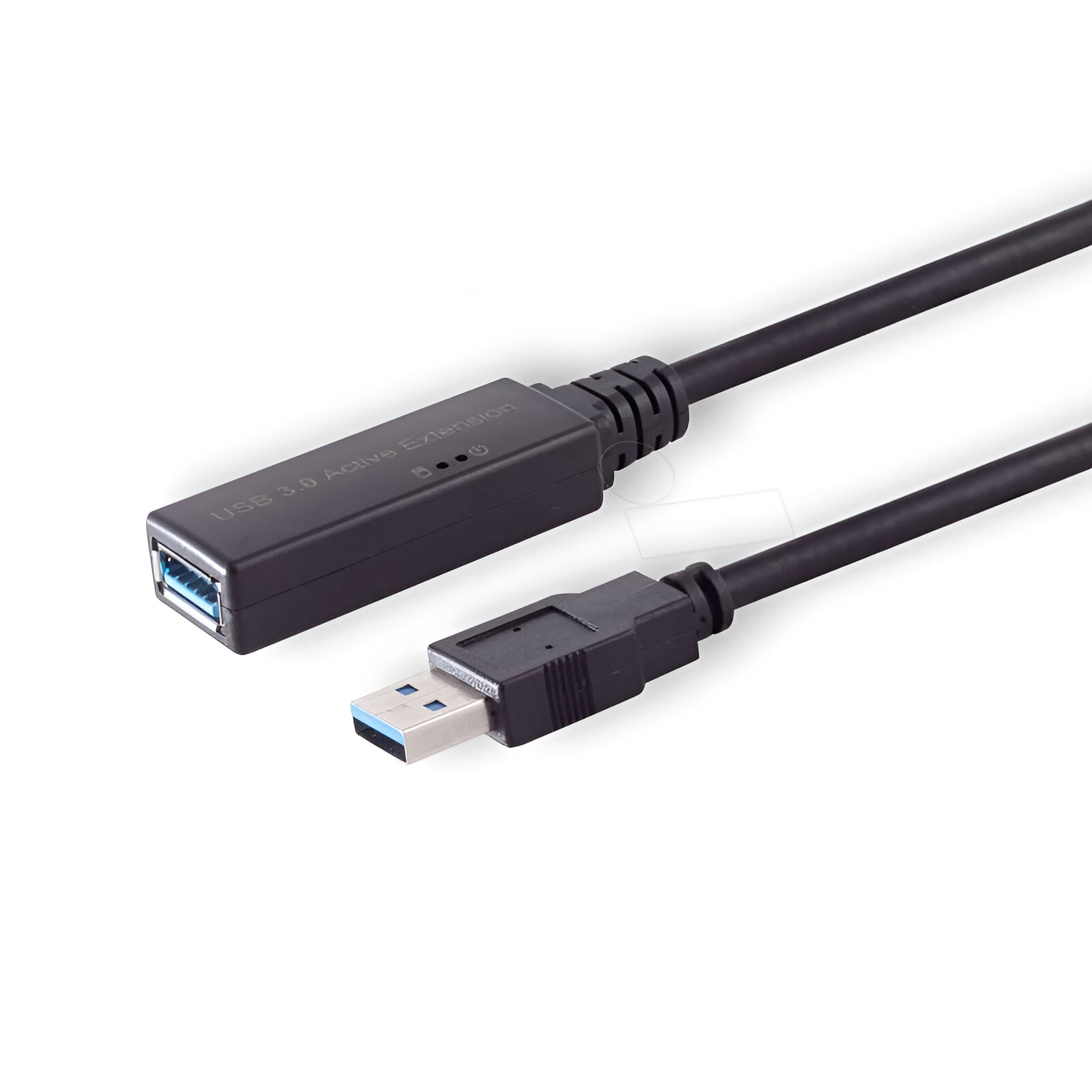 Cable de extensión activo USB 3.0 negro con conectores macho y hembra USB 3.0 azules.