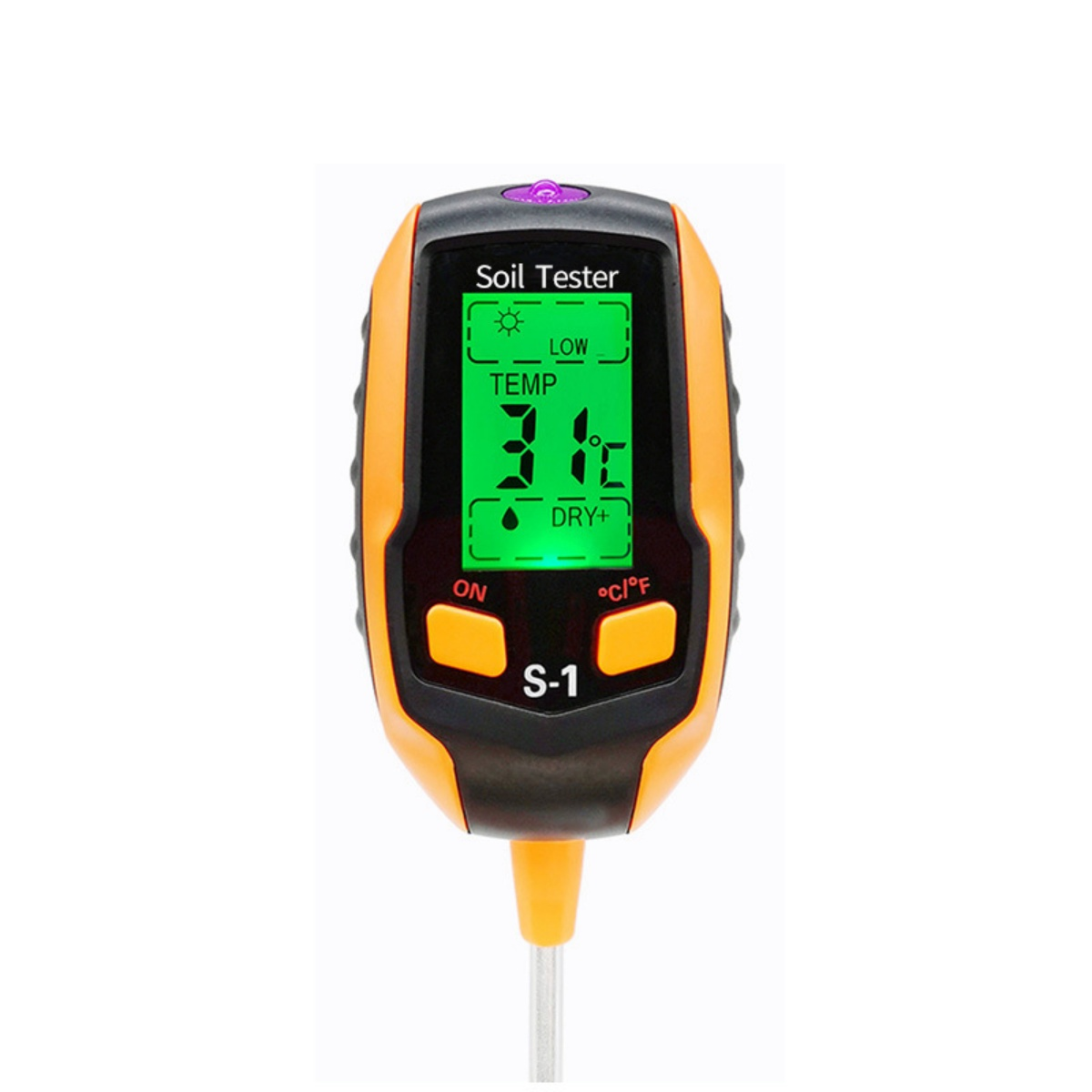 Orange-schwarzer Bodenprüfer mit grünem LCD-Display, zeigt 31 °C und Trockenheitsgrad an.