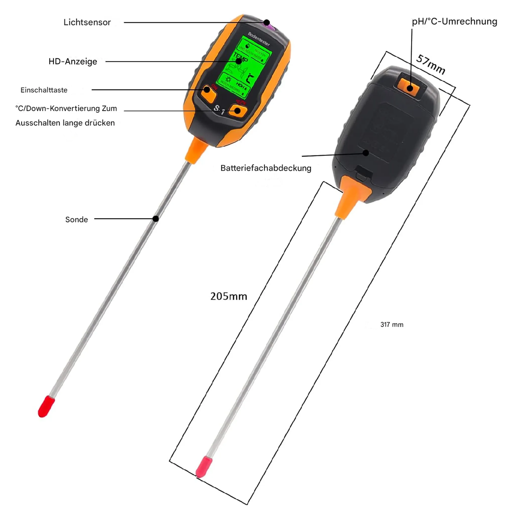 Ein orange-schwarzer Bodentester mit LCD-Anzeige und Metallsonde. Abmessungen sind angegeben.