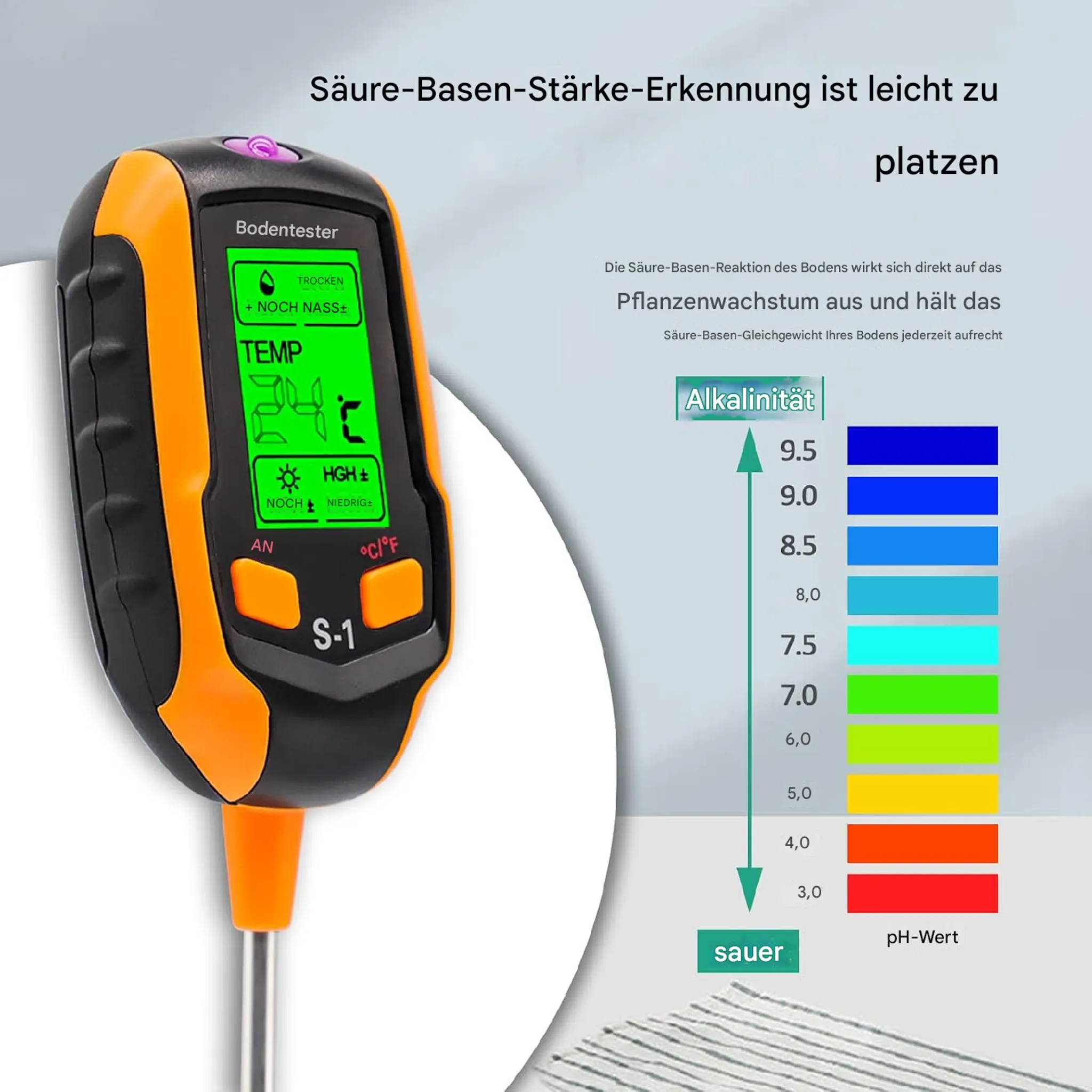 Ein Bodentester mit orangefarbenem Gehäuse und einem grünen LCD-Display, das Temperatur und Feuchtigkeit anzeigt.
