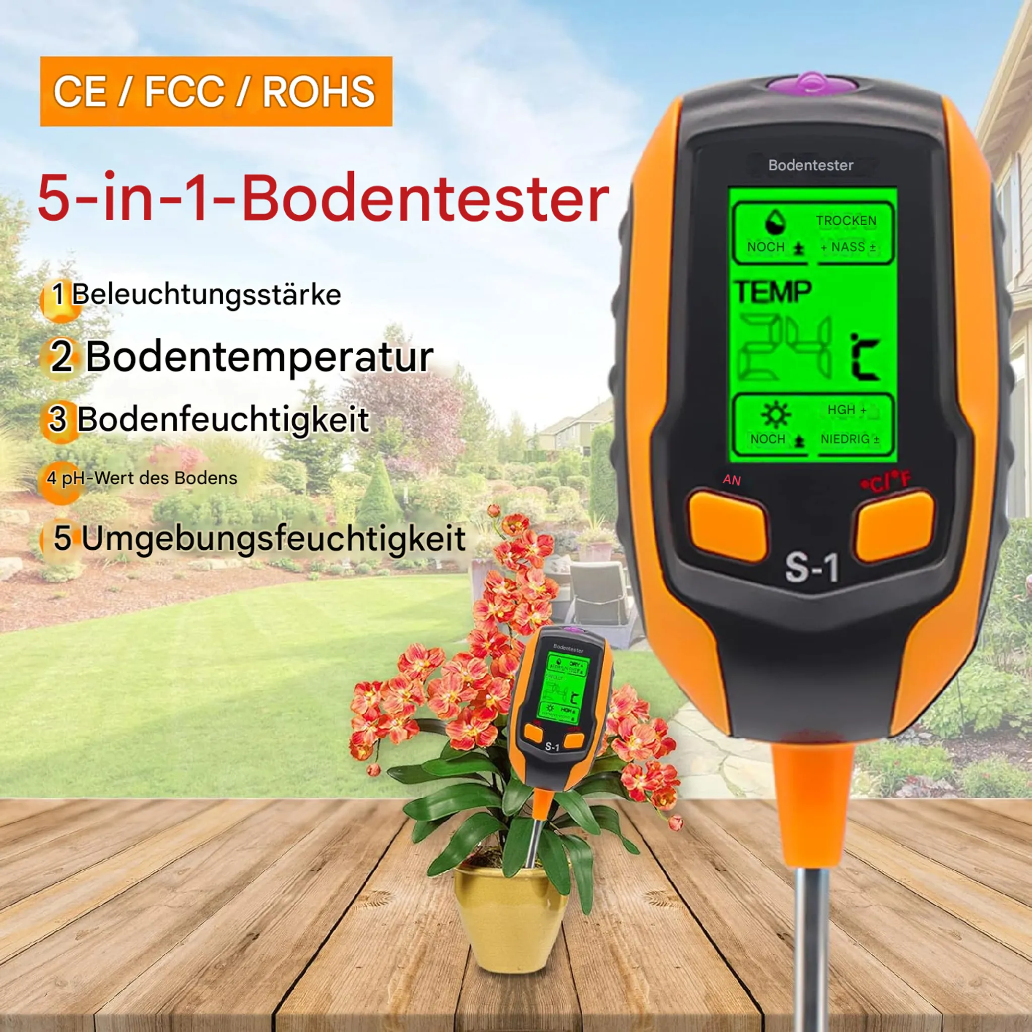 Ein orange-schwarzer Bodentester misst 24°C neben einer Topfpflanze mit roten Blüten.