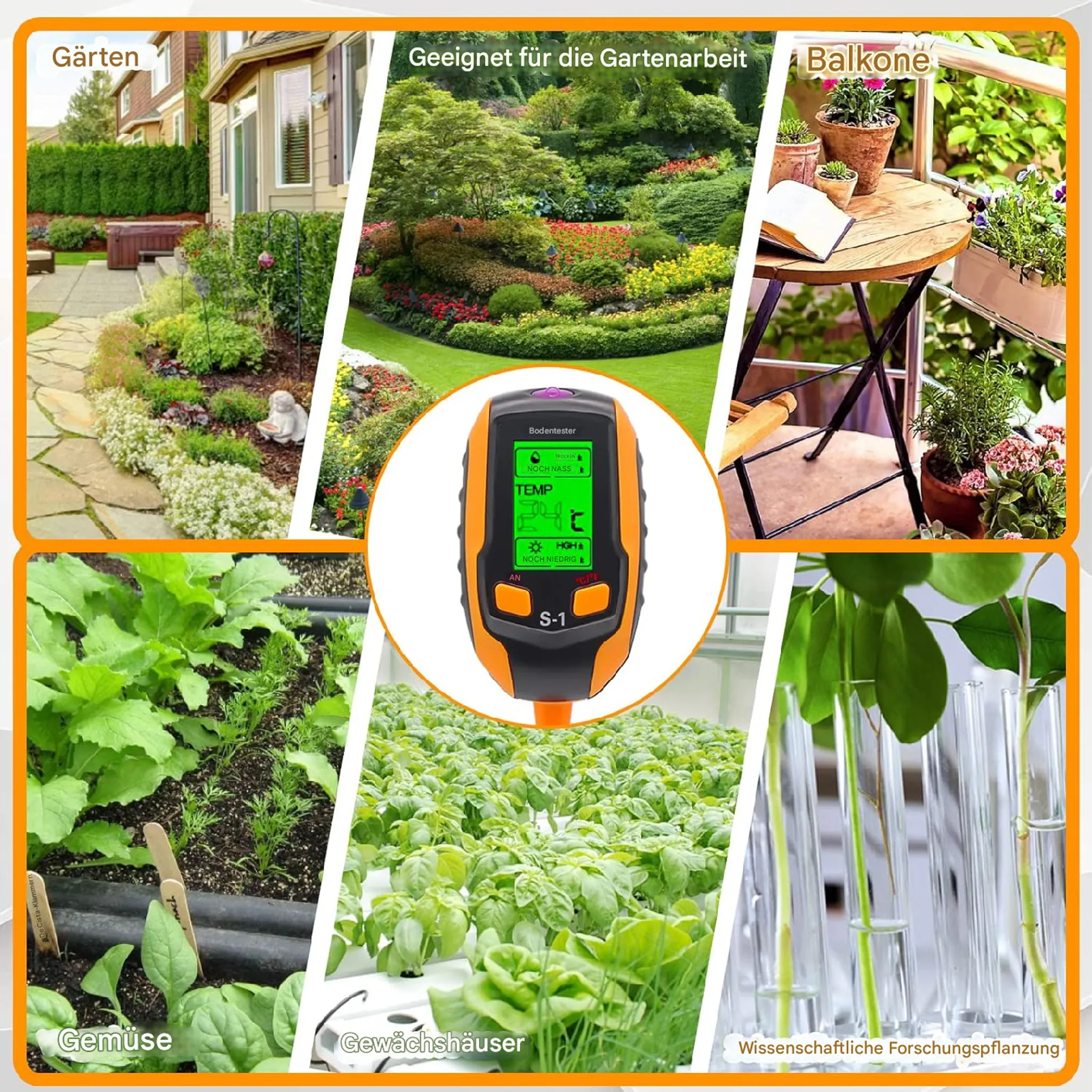 Collage zeigt Gartenarbeit: Hausgarten, Blumenbeet, Balkon, Gemüse, Gewächshaus & Pflanzen. Ein Bodentester ist abgebildet.