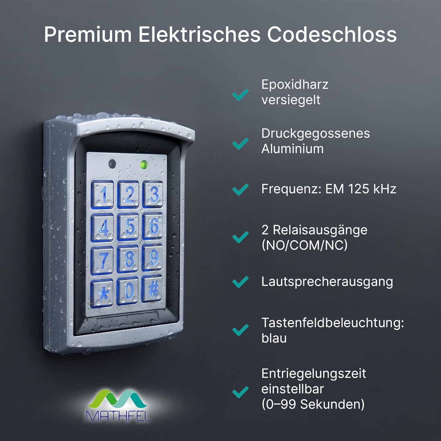 Wasserdichtes Codeschloss mit blauer Tastenbeleuchtung und MATHFEL Logo.