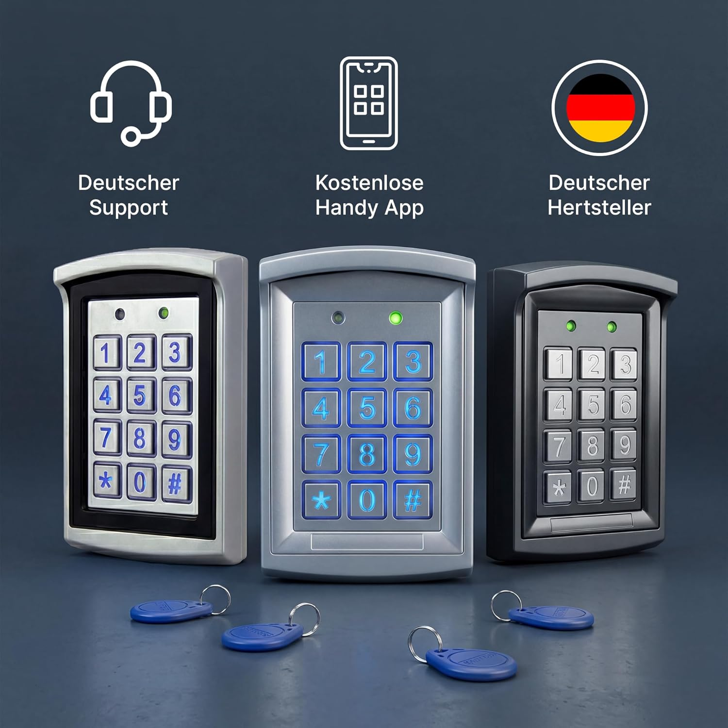 Drei Zutrittskontrollsysteme mit Tastatur und Schlüsselanhängern.