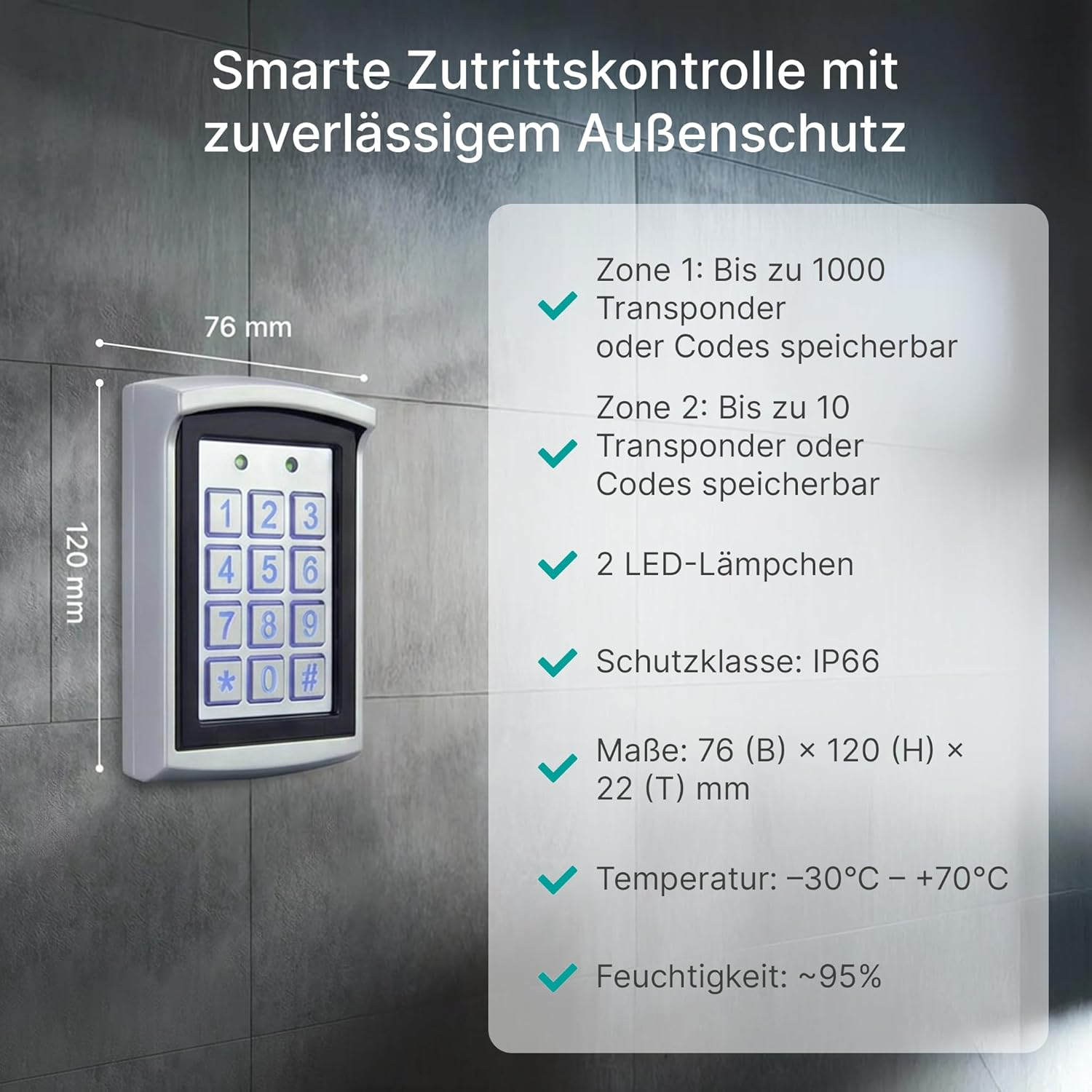 Graues Tastatur-Zugangskontrollgerät, 76x120mm, mit Zifferntasten und LED-Anzeigen.