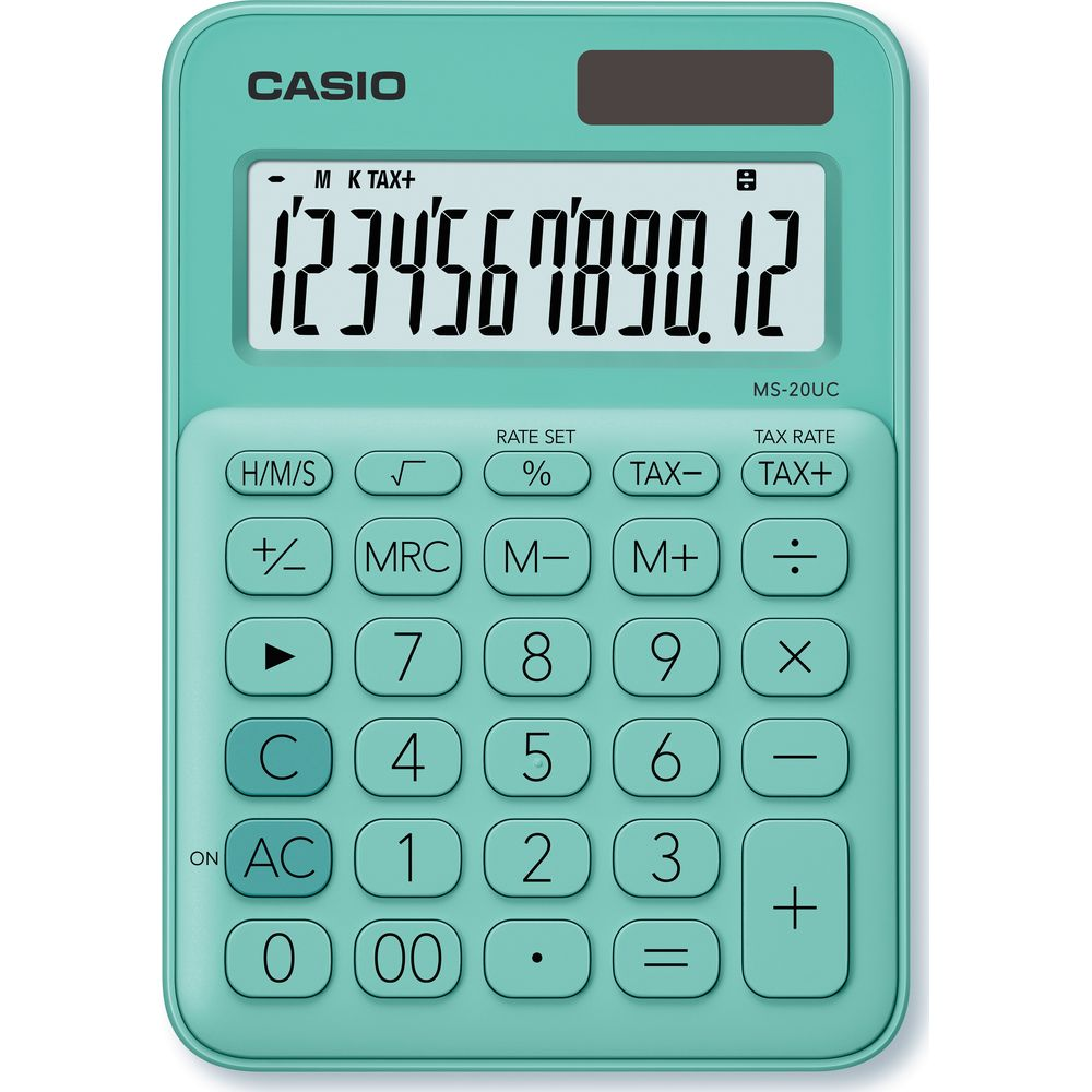 Eine türkisfarbene Casio-Tischrechenmaschine mit großem Display und Tasten.