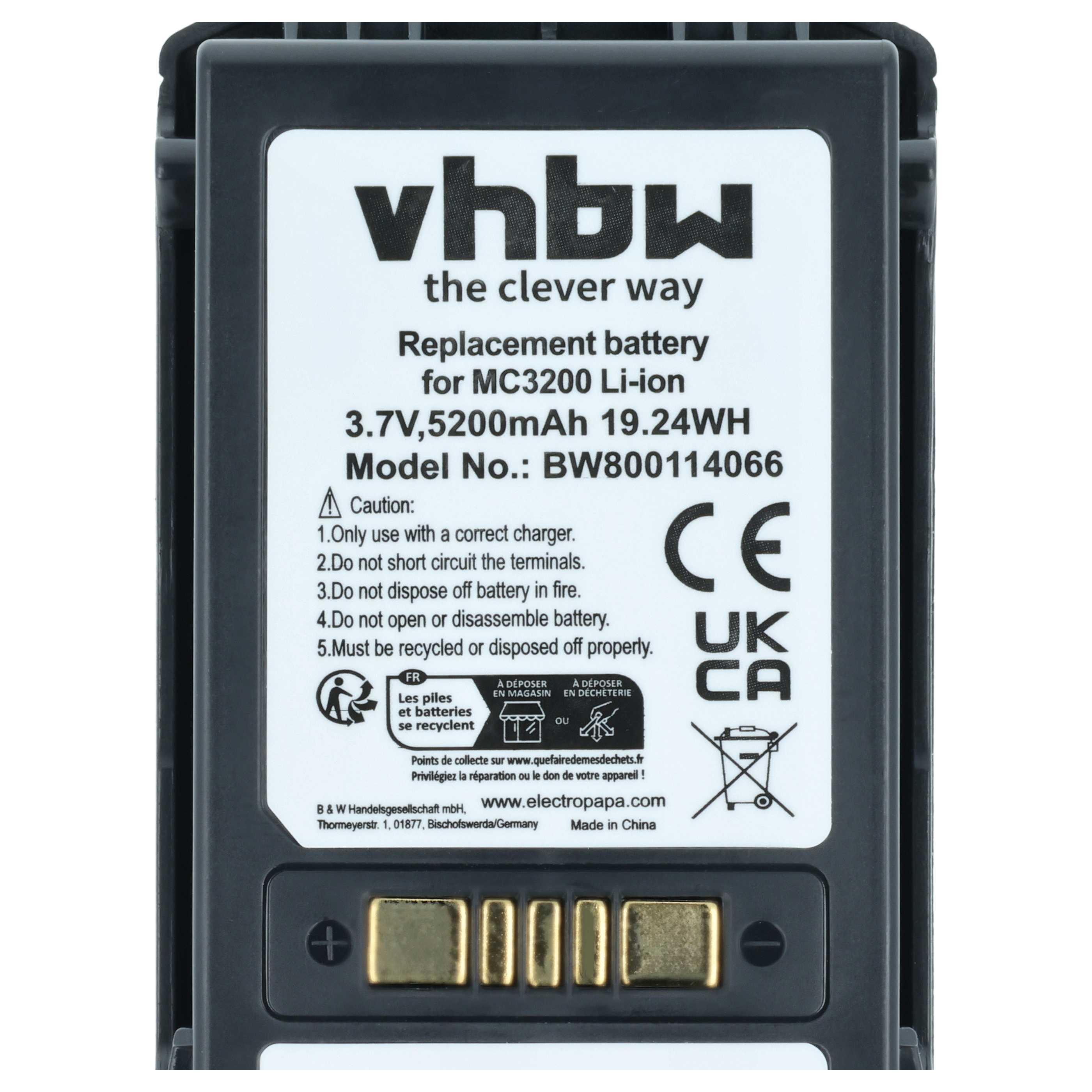 Schwarz-weiße Batterie für MC3200 Li-ion, 3,7V, 5200mAh. Enthält Warnhinweise.