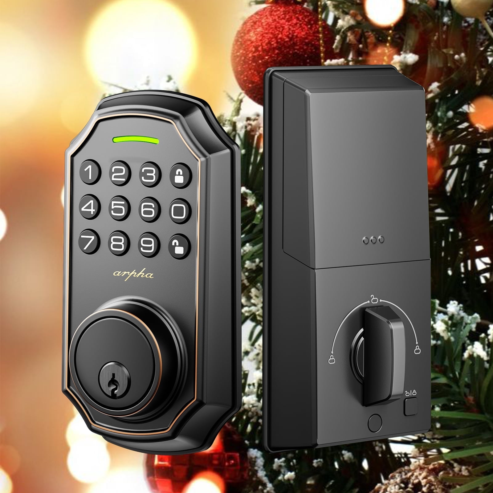 Schwarzes Smart Lock mit Tastatur und Knopf, neben einem Weihnachtsbaum.