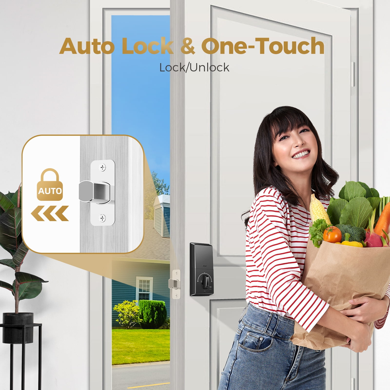 Frau mit Einkaufstasche vor Tür mit Smart Lock. Detailansicht des Schlosses.
