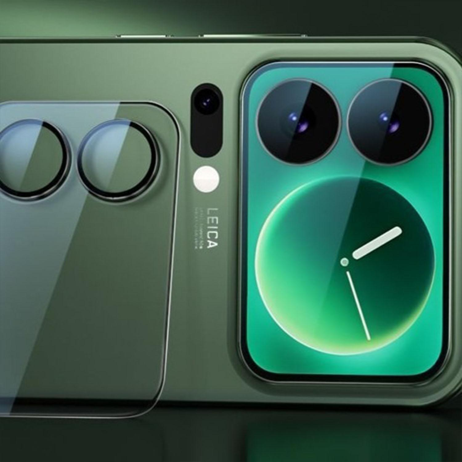 Grünes Handy-Rückseite mit Dual-Kameras und kreisförmiger Anzeige mit Uhr.