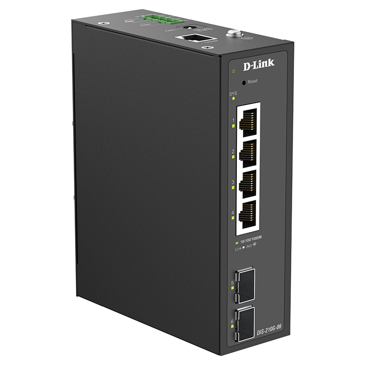 Schwarzer D-Link DIS-210G-06 Netzwerk-Switch mit 4 Ethernet-Ports und 2 SFP-Ports.