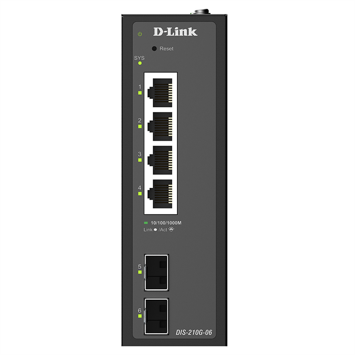 Ein D-Link Netzwerkschalter mit 6 Anschlüssen und Status-LEDs.