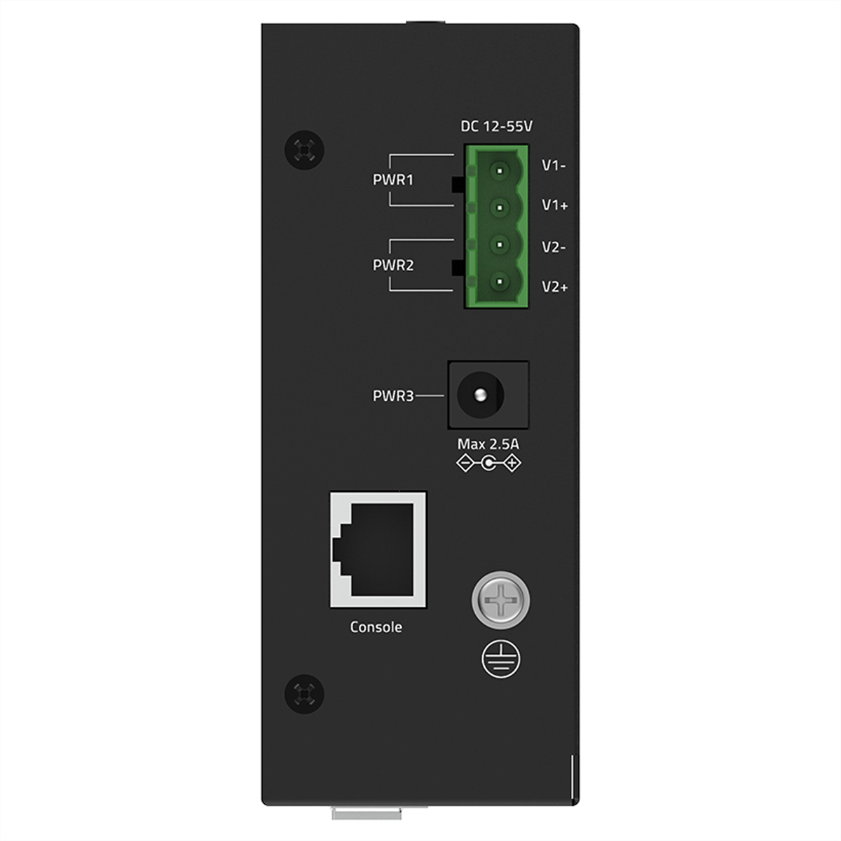 Rückseite eines schwarzen Geräts mit Anschlüssen: DC 12-55V, PWR1, PWR2, PWR3, Konsole.
