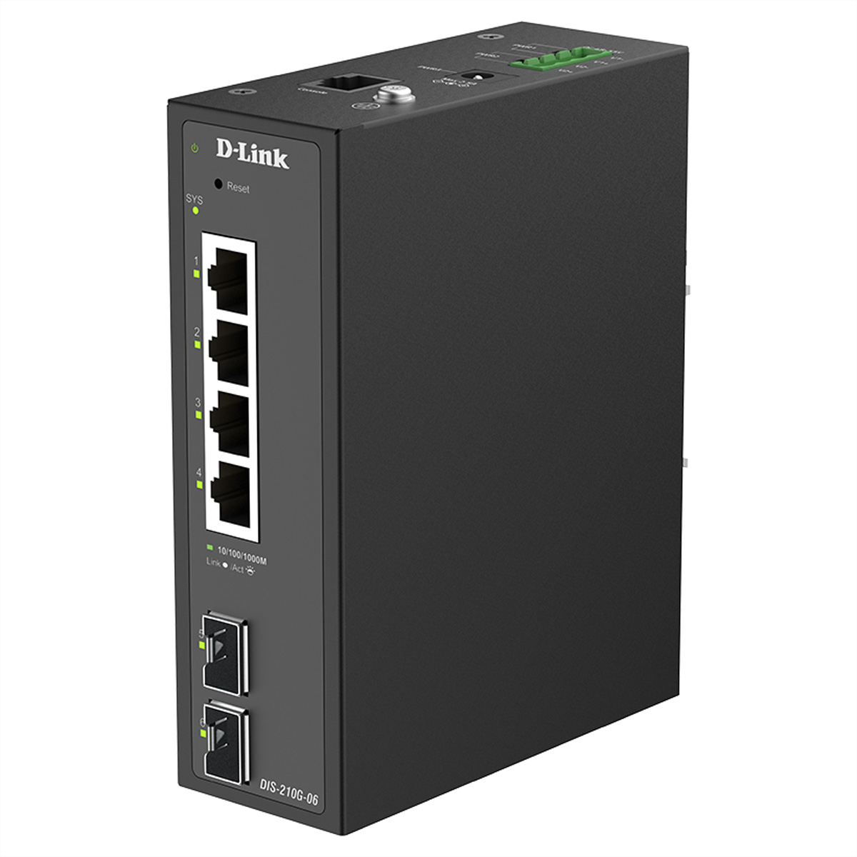 Ein schwarzer D-Link Netzwerk-Switch mit 4 LAN-Ports und 2 SFP-Ports.