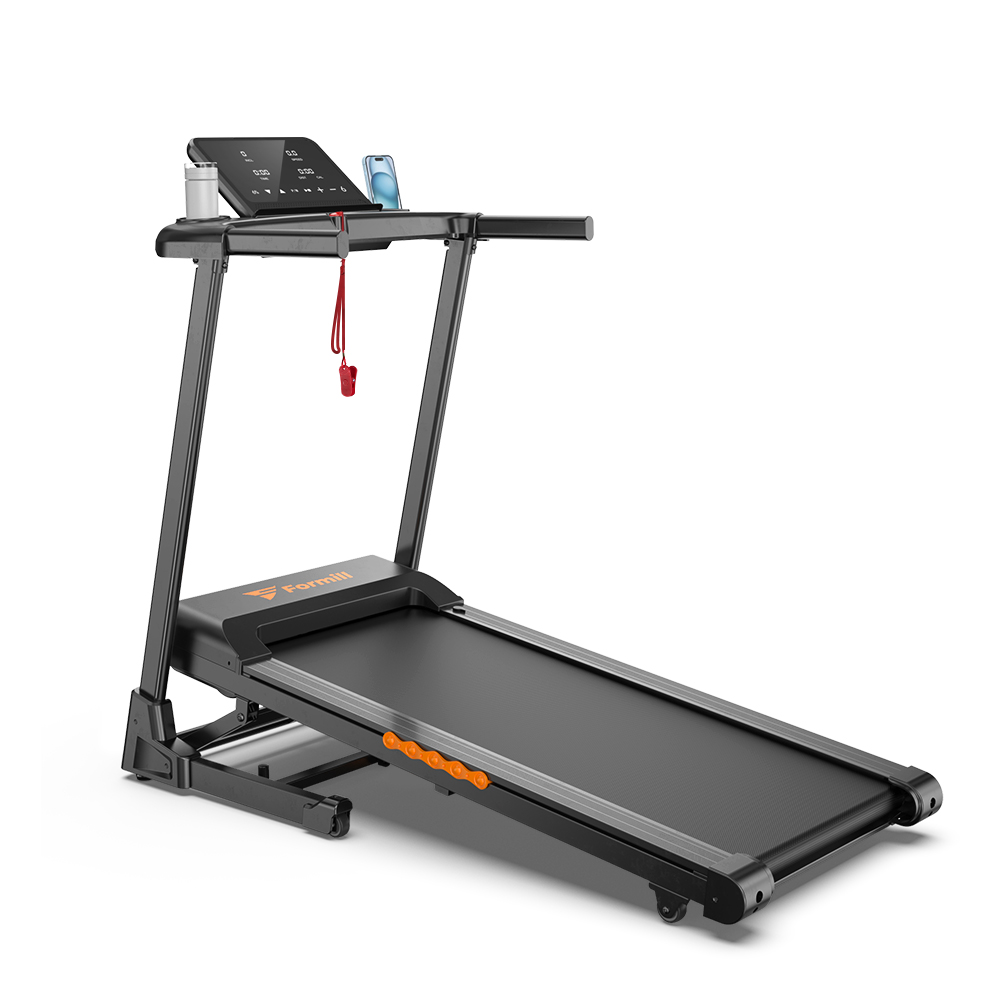 Schwarzer Laufband mit digitalem Display, Handyhalter und Sicherheitsleine.