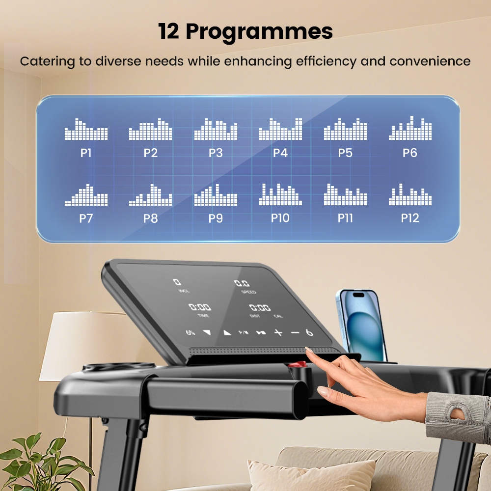 Ein Laufband mit 12 Programmen, angezeigt auf einem Bildschirm, und eine Hand, die es bedient.