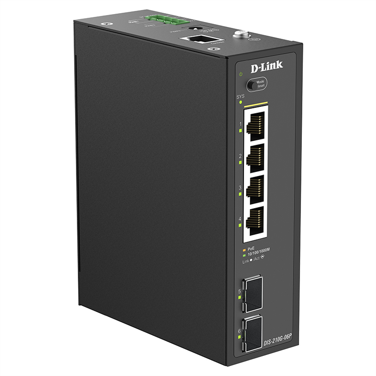 D-Link DIS-210G-06P Netzwerk-Switch mit 4 Ethernet-Ports und 2 SFP-Ports.