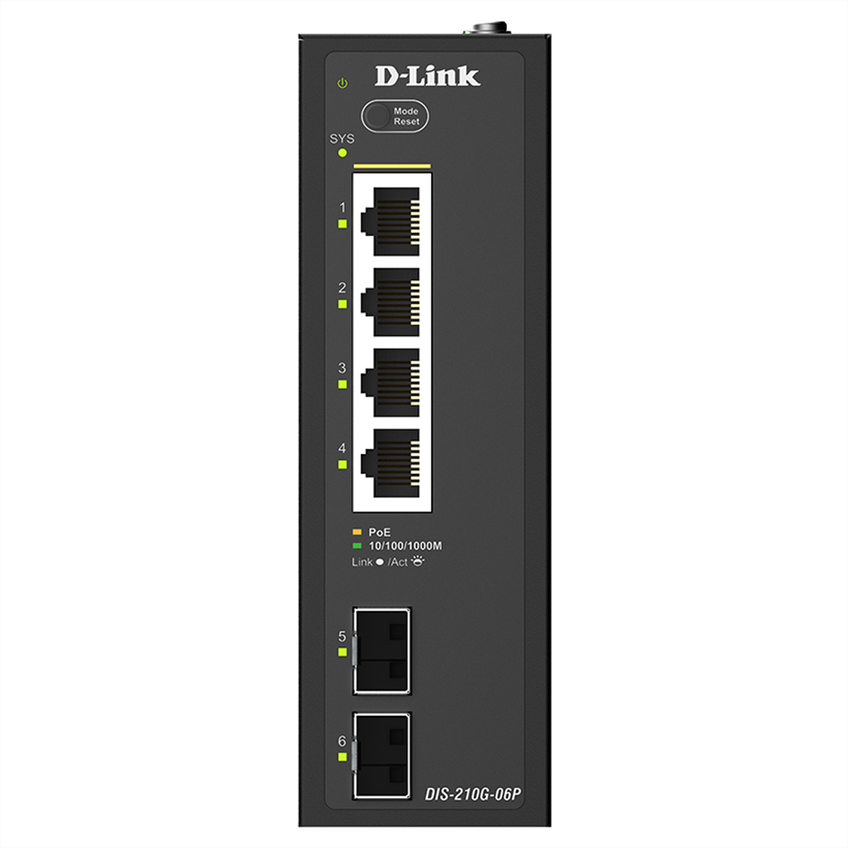 D-Link Netzwerk-Switch mit 4 Ethernet-Ports und 2 SFP-Ports, Modell DIS-210G-06P.