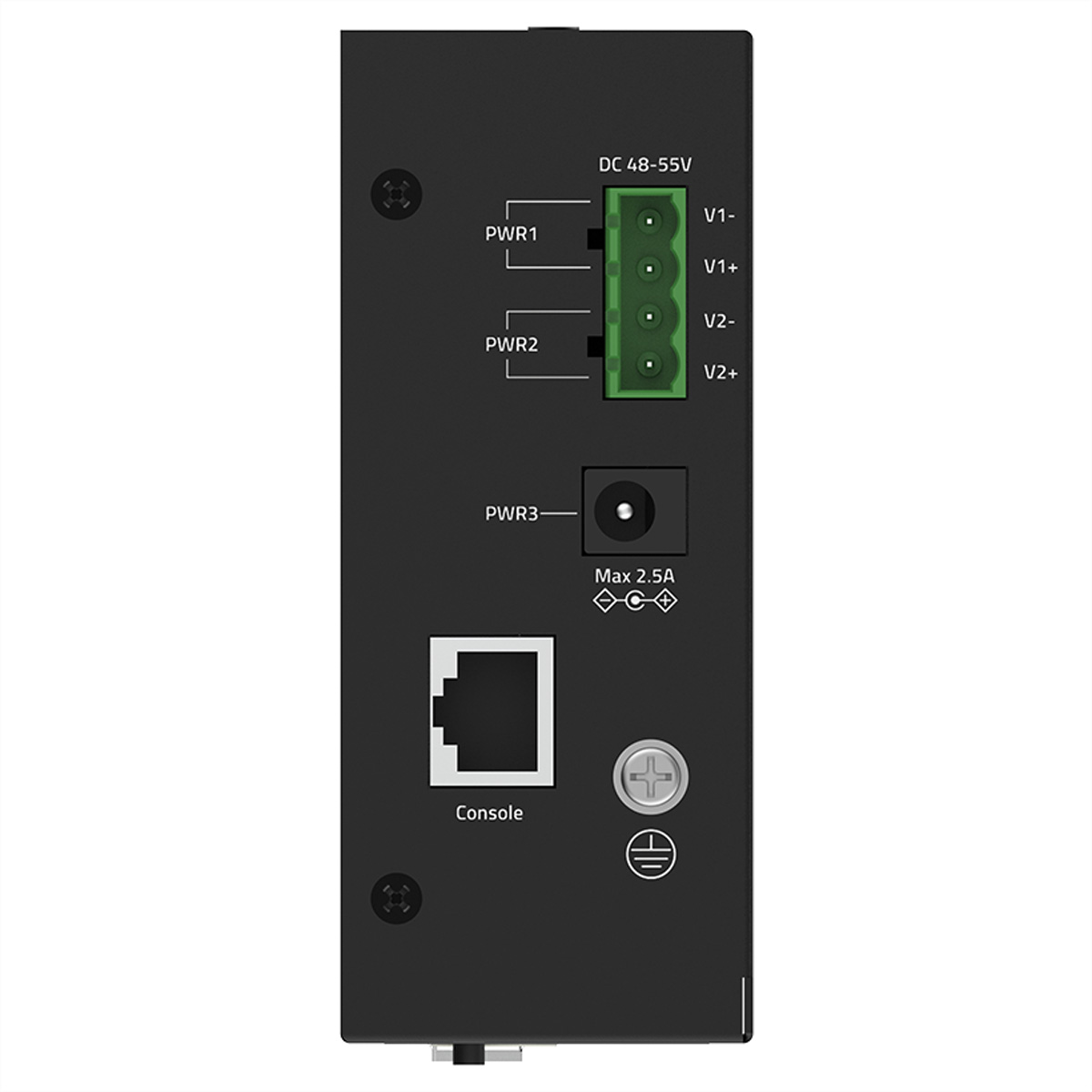 Schwarzes Gerät mit PWR1, PWR2, PWR3 Eingängen, Konsolenport und DC 48-55V Beschriftung.