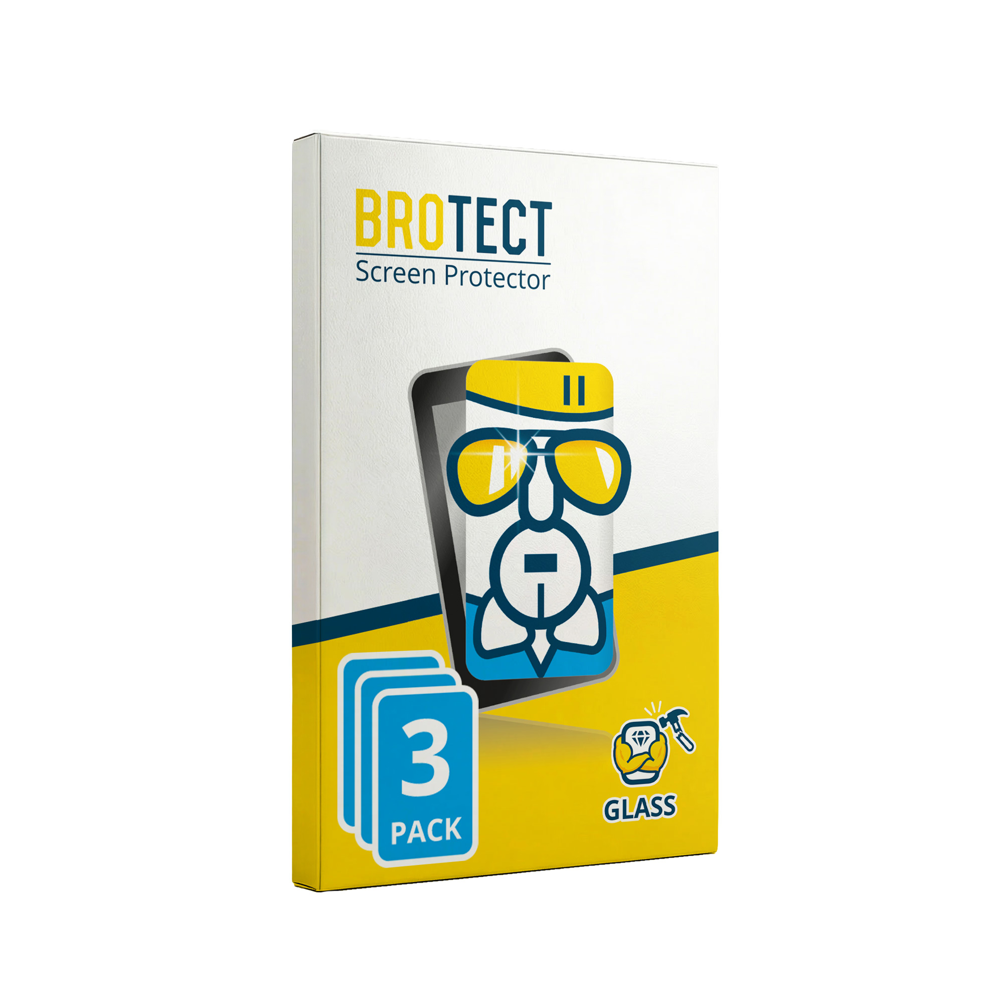 Verpackung für BROTECT Displayschutzfolien, 3 Stück, mit Comicfigur und Hammer-Symbol.