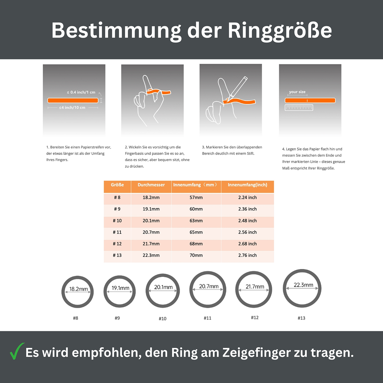 Anleitung zur Ringgrößenbestimmung mit Papierstreifen und Tabelle.