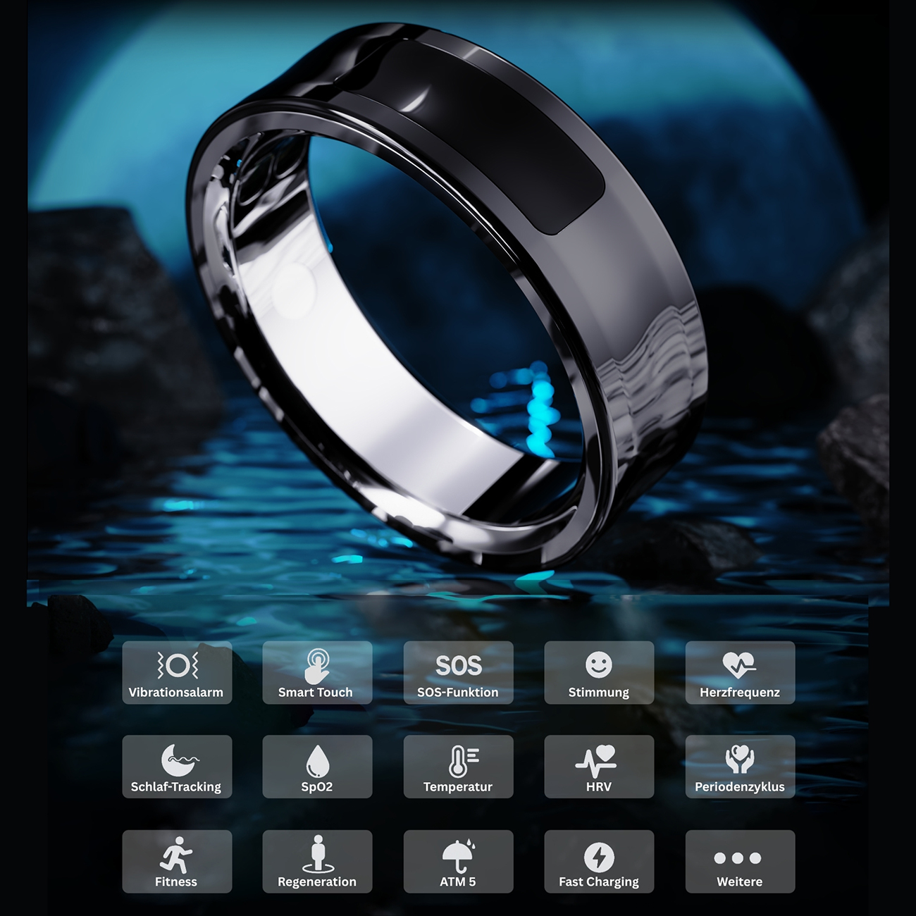 Ein schlanker, schwarzer Smartring ruht auf einer reflektierenden Oberfläche mit blauen Lichtern. Darunter Icons für Funktionen.