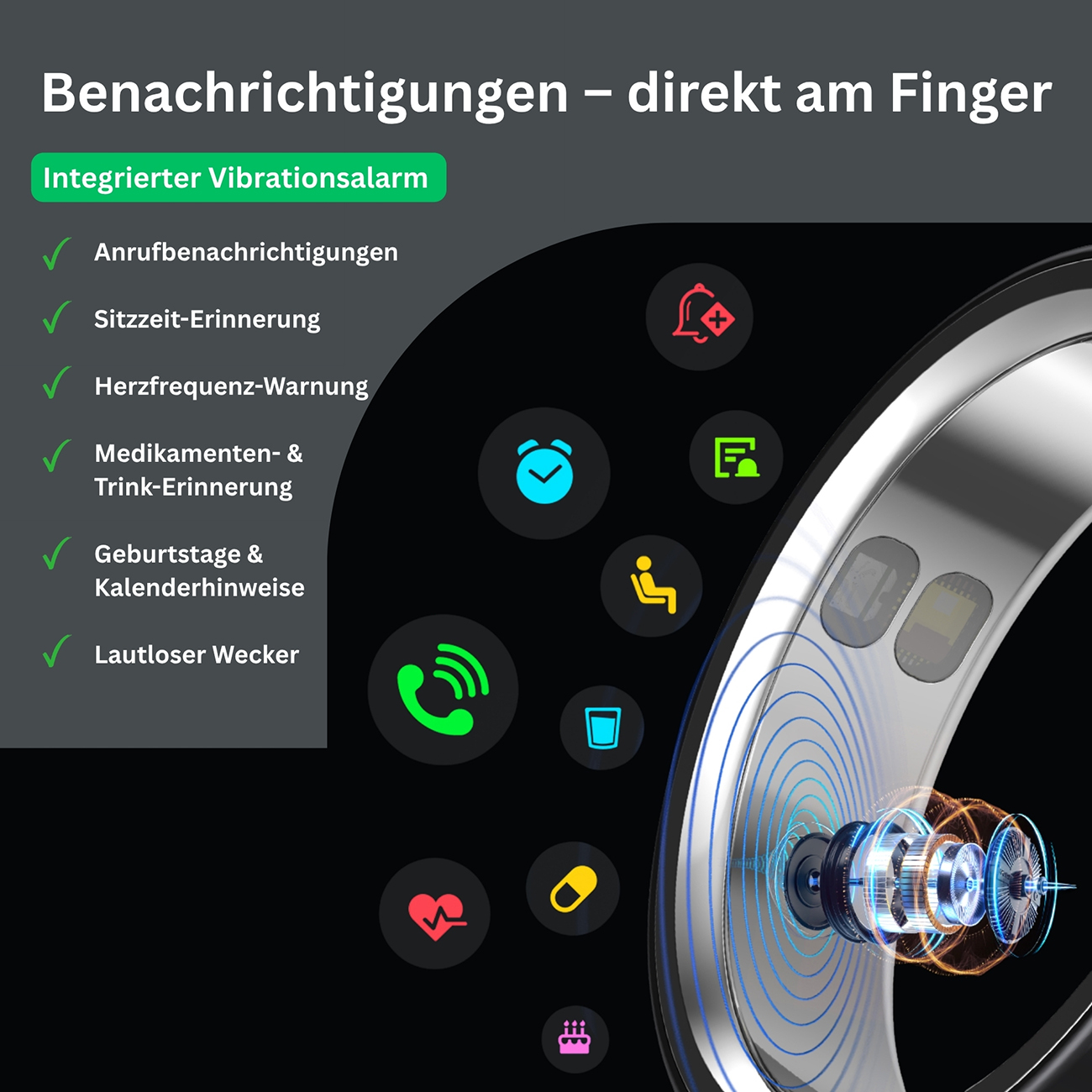 Benachrichtigungen am Finger: Vibrationsalarm, Anrufe, Herzfrequenz, Medikamente, Termine, Wecker.