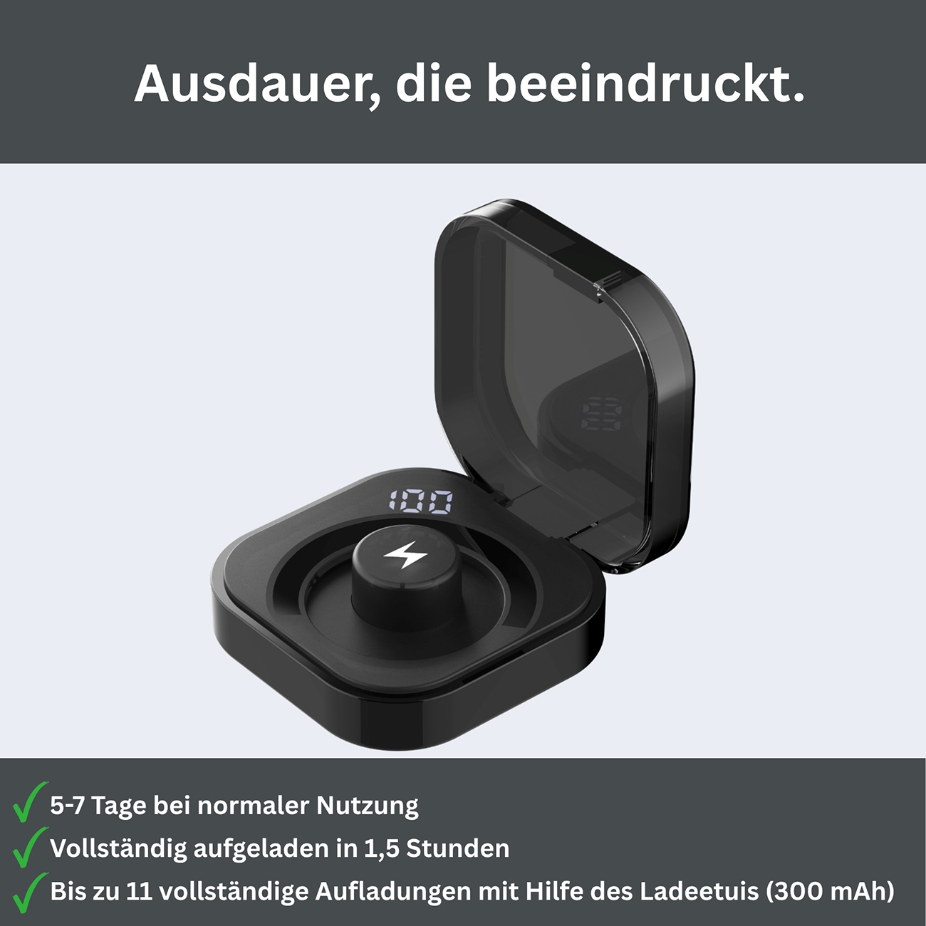 Schwarzes Ladeetui für Kopfhörer mit digitaler Anzeige und Blitzsymbol.