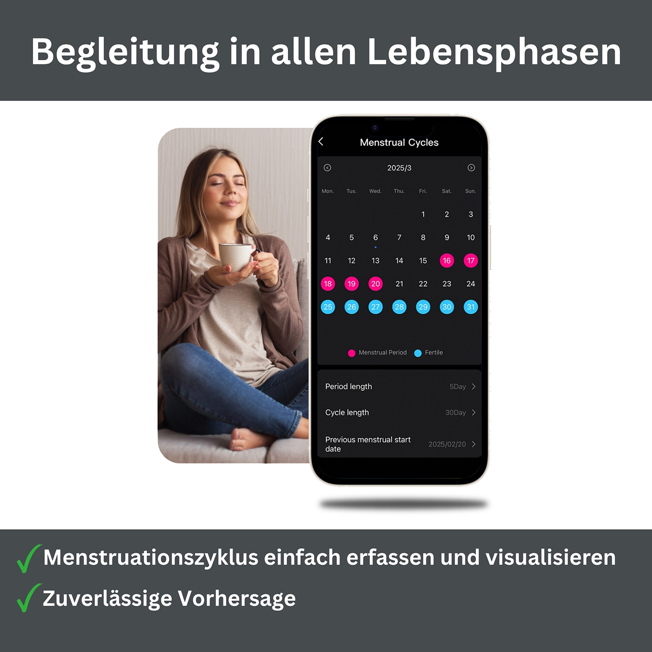 Frau trinkt Tee, daneben ein Handy mit Kalender-App für Menstruationszyklen.