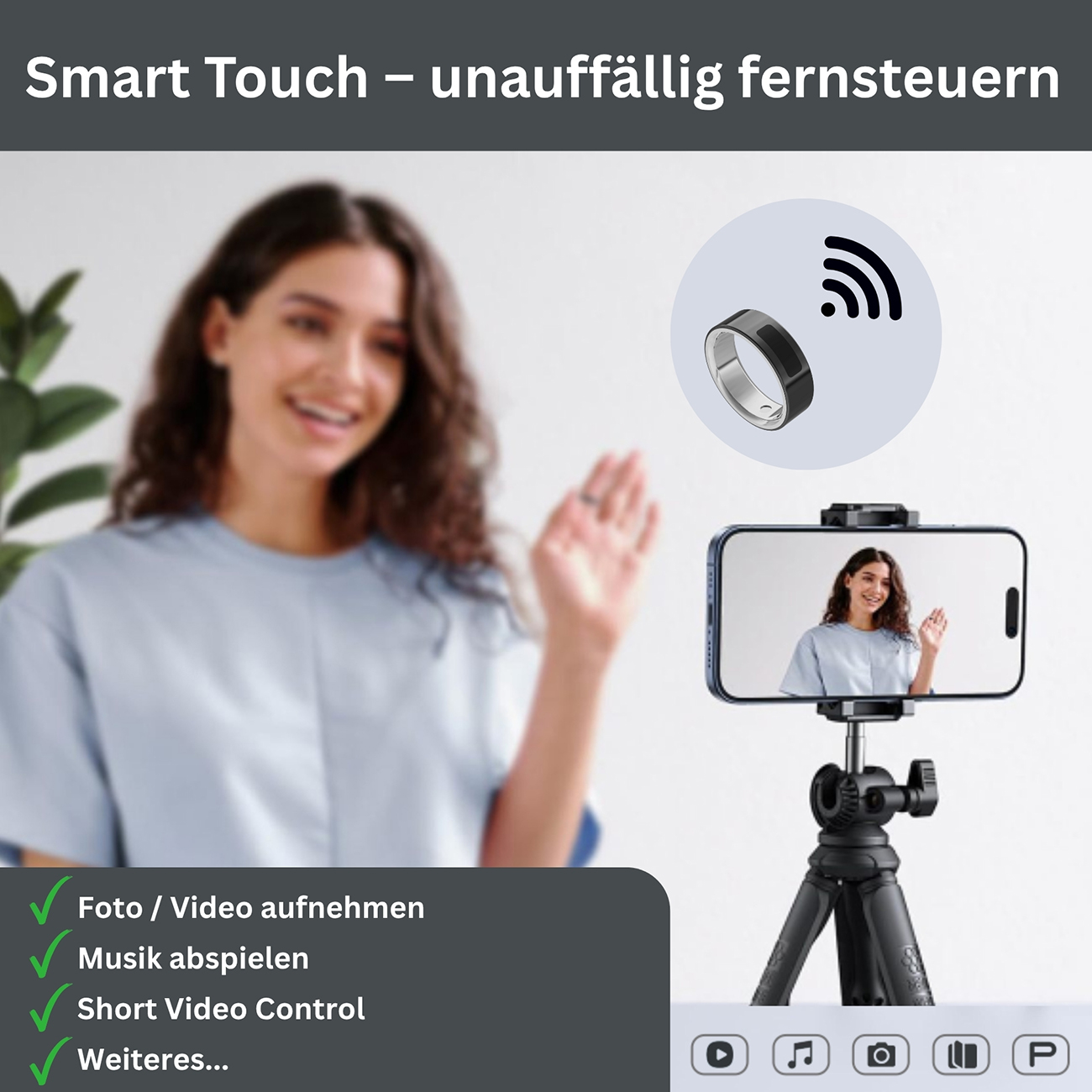 Eine Frau winkt vor einem Smartphone auf einem Stativ. Ein Ring-Controller ist abgebildet.