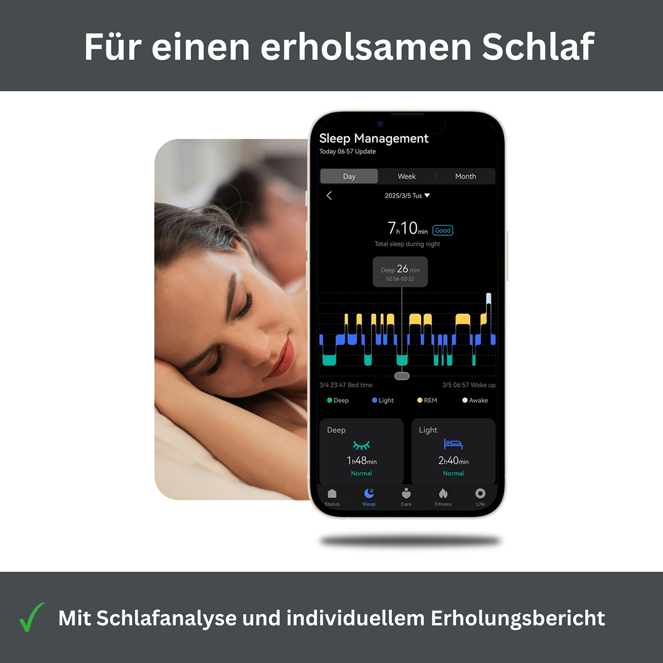 Frau schläft, daneben Handy-App zeigt Schlaf-Management-Details und Diagramme.