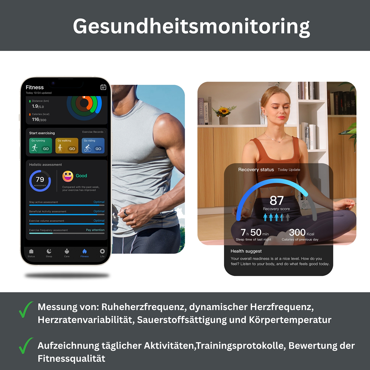 Gesundheitsmonitoring: App-Screens zeigen Fitness- und Erholungsstatus mit Trainingsdaten.