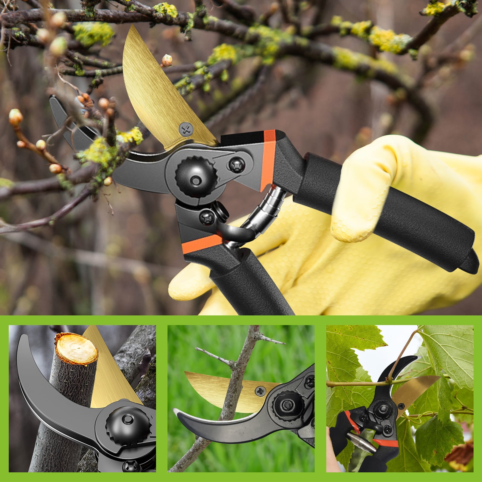 Eine Hand in einem gelben Handschuh hält eine Gartenschere und schneidet einen Ast.