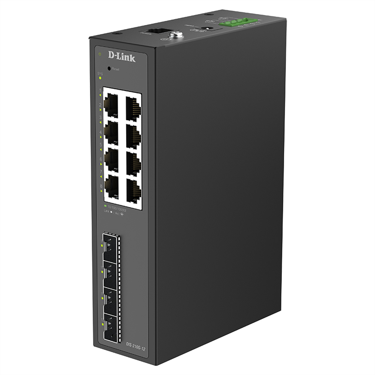 Ein schwarzer D-Link DIS-210G-12 Netzwerkswitch mit 8 Ethernet-Ports und 4 SFP-Ports.