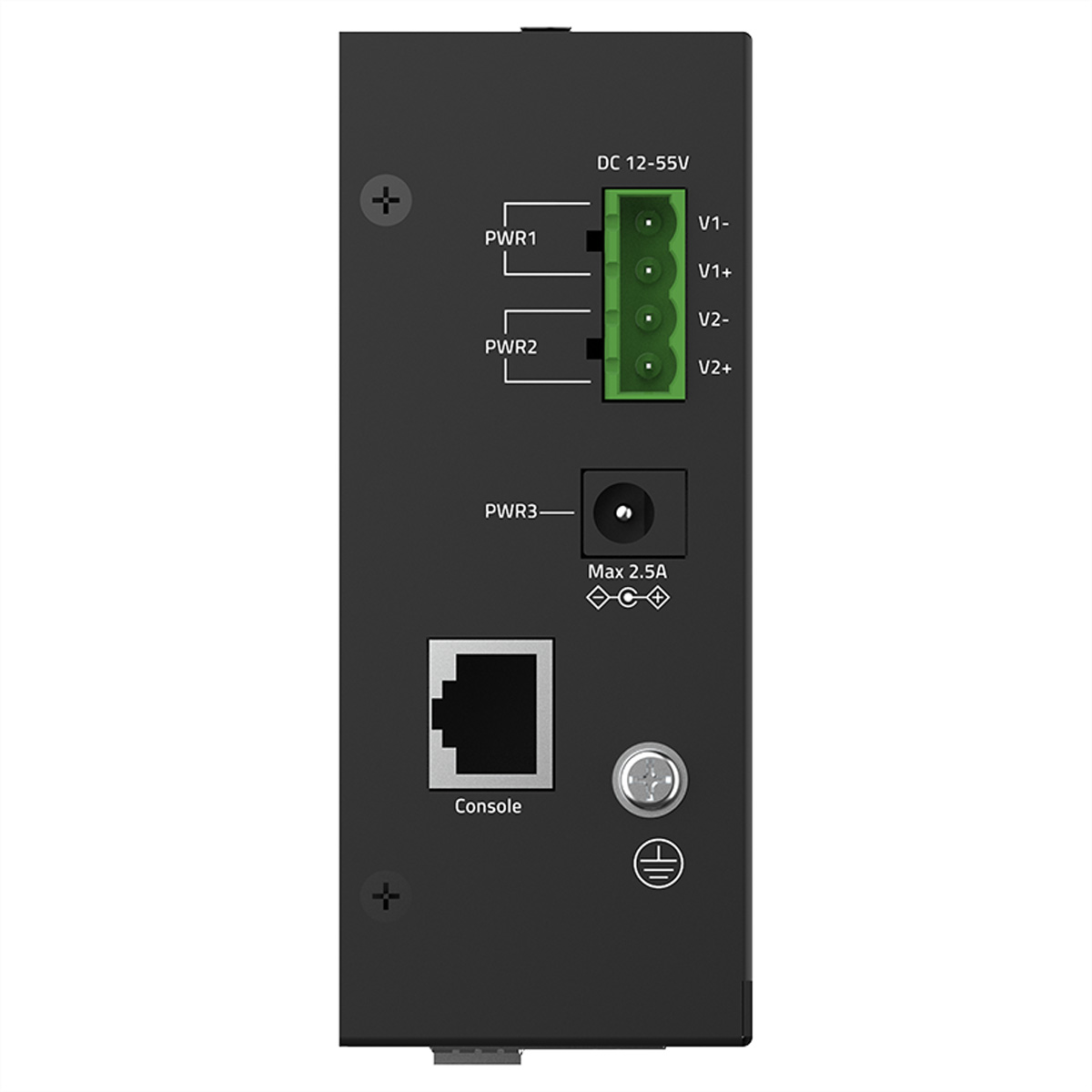 Rückseite eines Geräts mit Anschlüssen: DC-Strom, Ethernet und Konsole.
