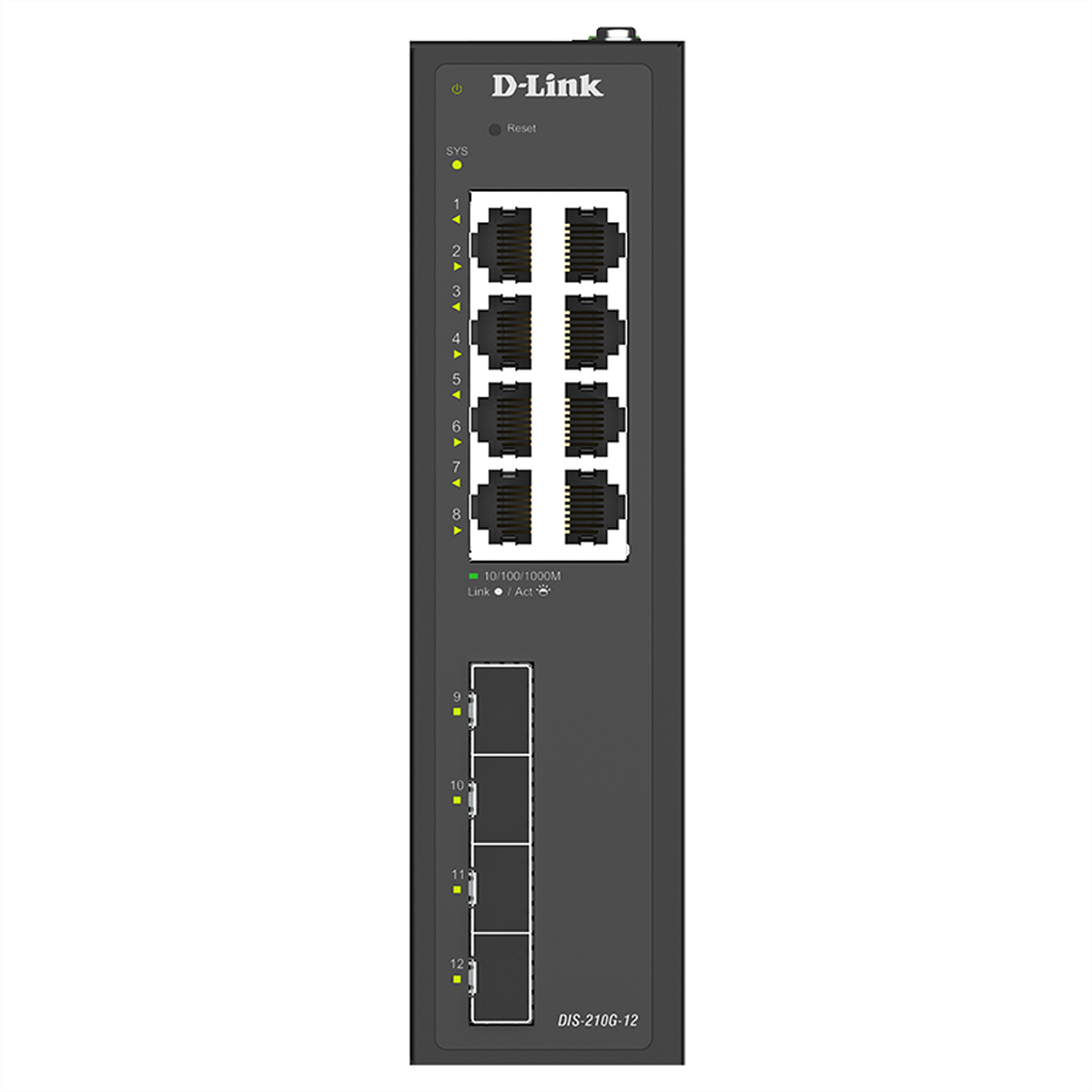 Ein schwarzer D-Link Netzwerk-Switch mit 12 Anschlüssen, acht oben und vier unten.