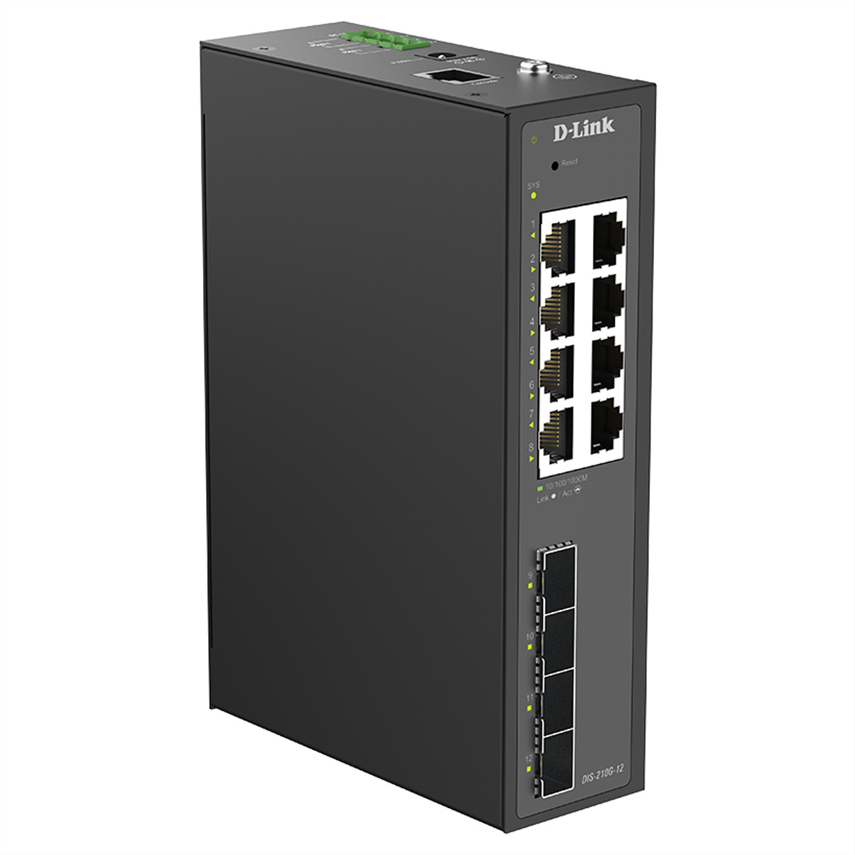 Ein schwarzer D-Link Netzwerk-Switch mit 12 Anschlüssen, Vorderseite mit Ports und LEDs.