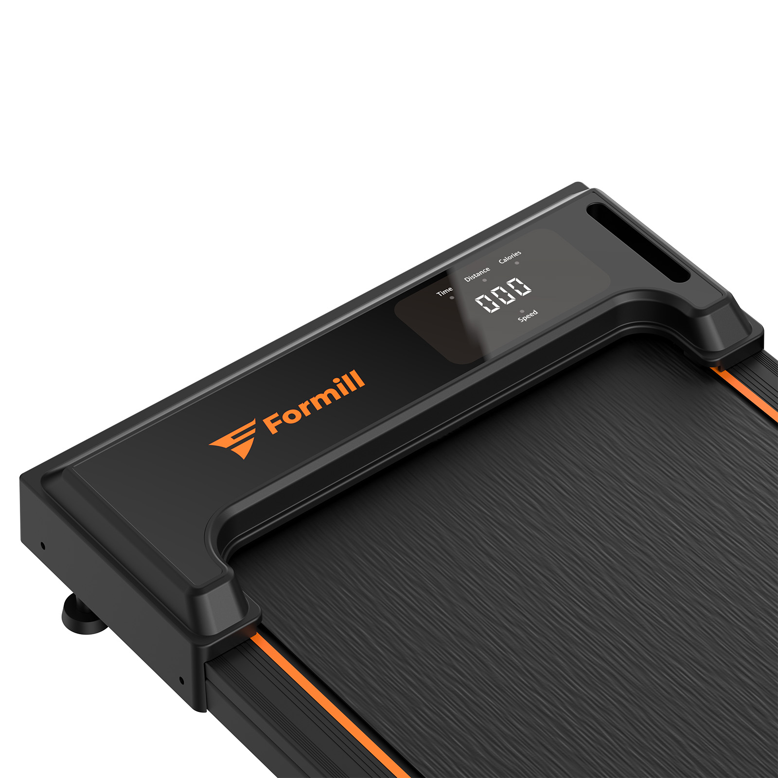 Ein schwarzes Laufband mit orangefarbenem Logo und digitaler Anzeige.