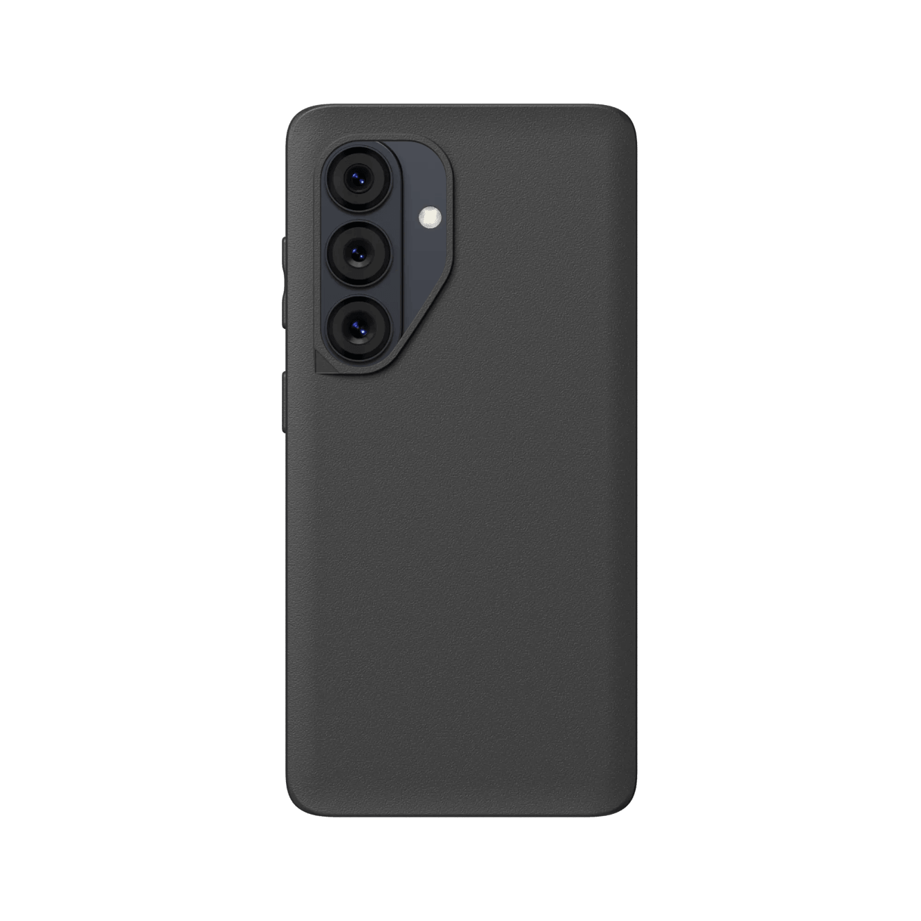 Rückseite eines dunklen Smartphones mit drei Kameras und Blitz.