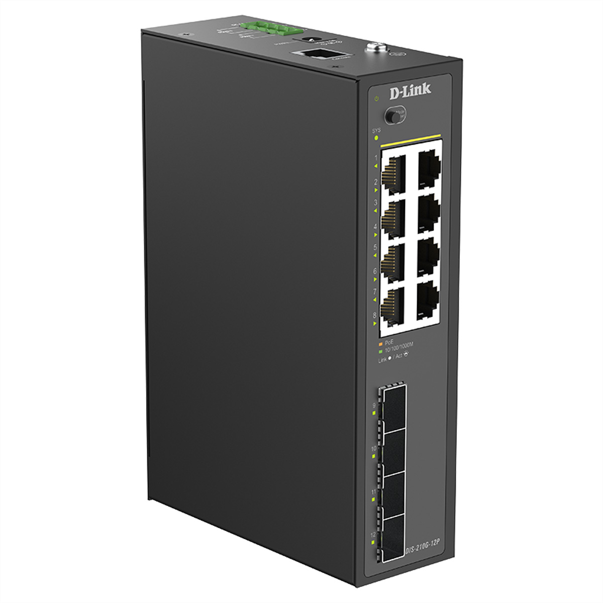 Ein schwarzer D-Link Netzwerk-Switch mit 12 Anschlüssen und LEDs.