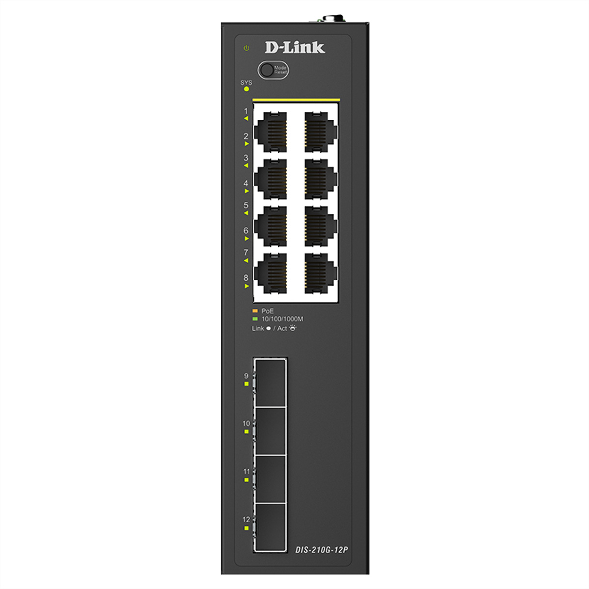 Ein schwarzer D-Link Netzwerk-Switch mit 12 Anschlüssen.