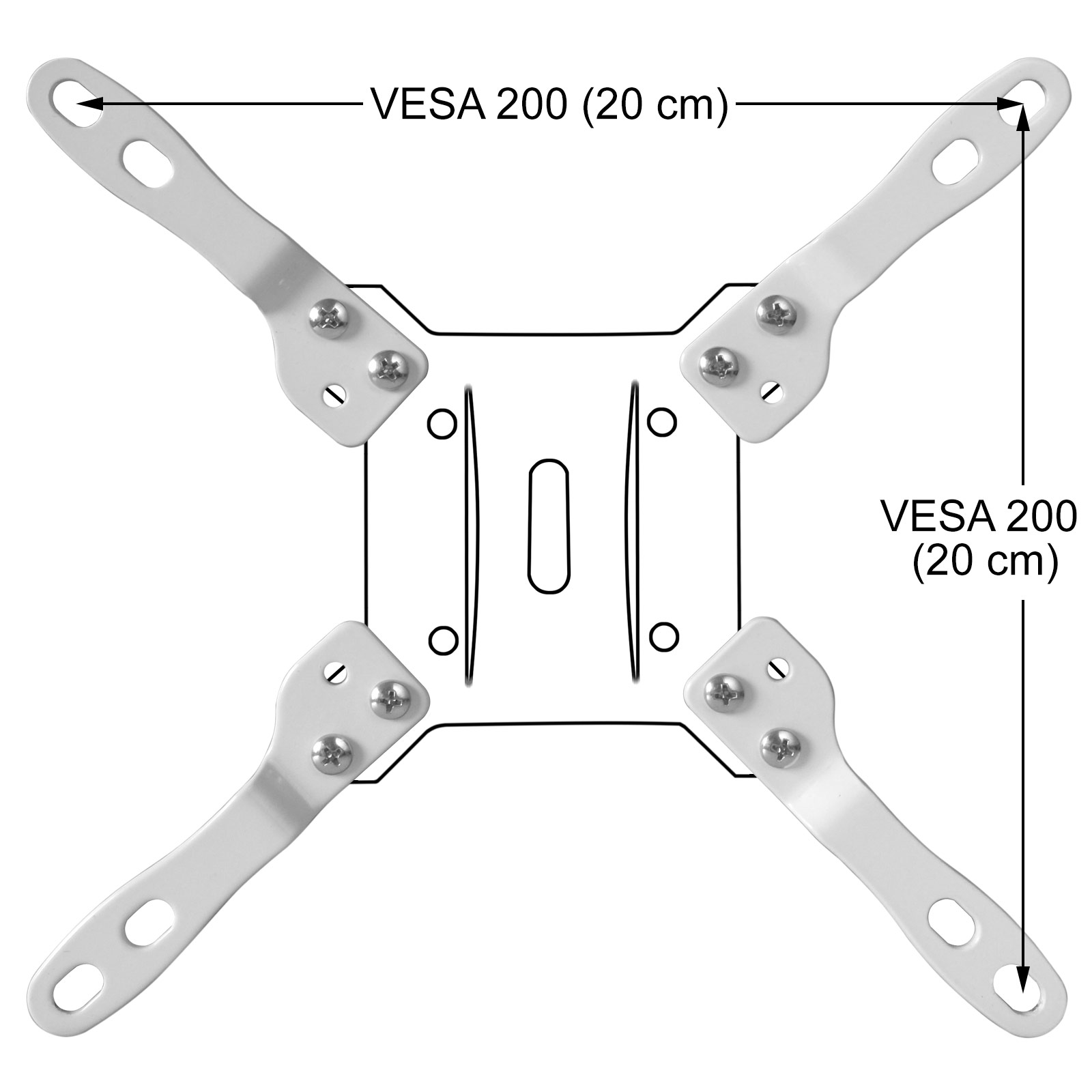 Weiße VESA-Halterung mit vier Armen, die nach außen zeigen. Maße 200 mm.