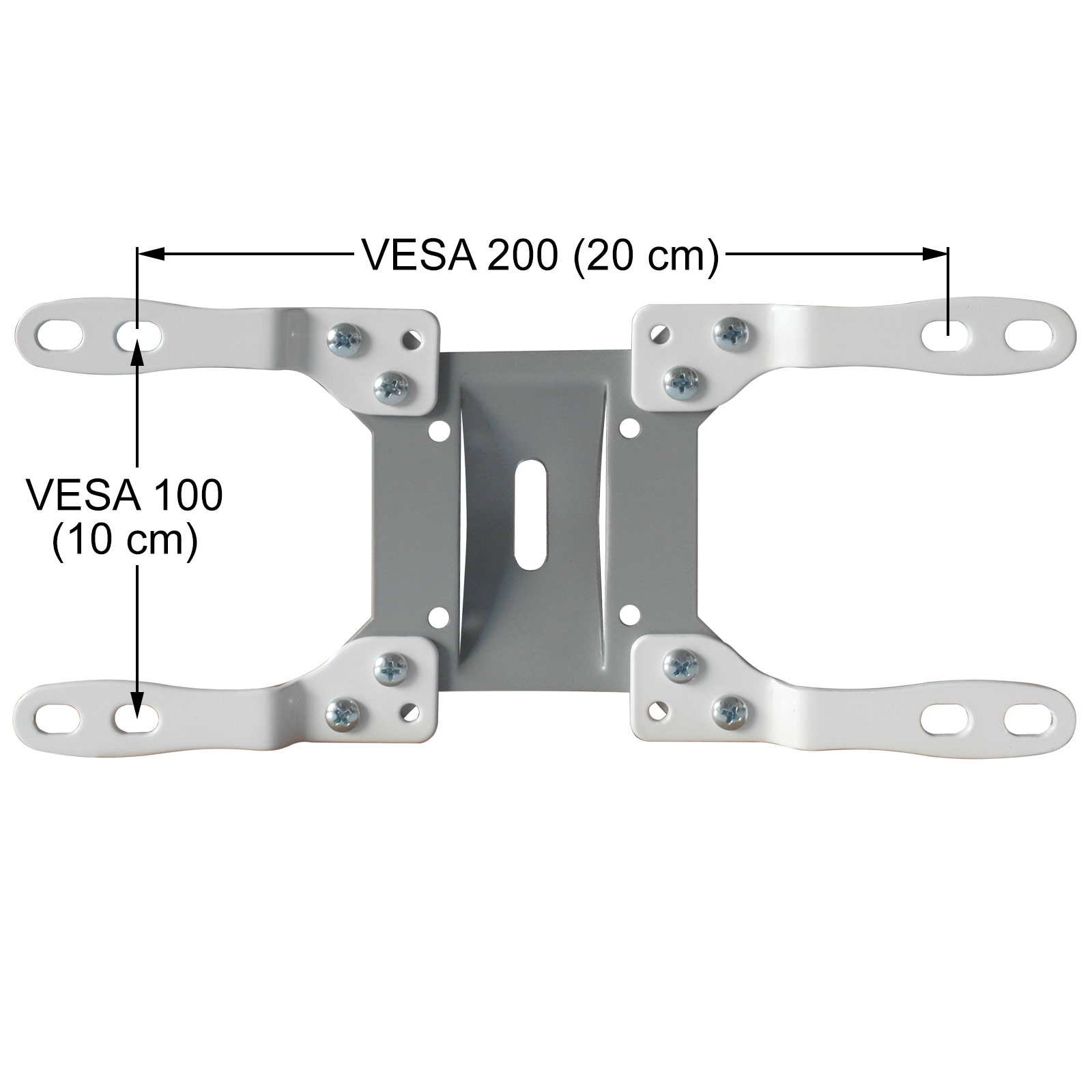 VESA-Halterungsadapter, weißes Metall, zeigt VESA 100 (10cm) und VESA 200 (20cm) Maße.